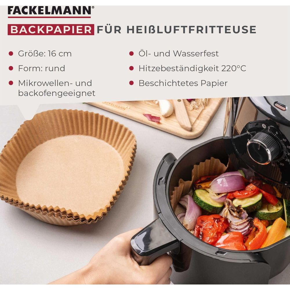 Carta forno Fackelmann per friggitrice ad aria con verdure e testo.