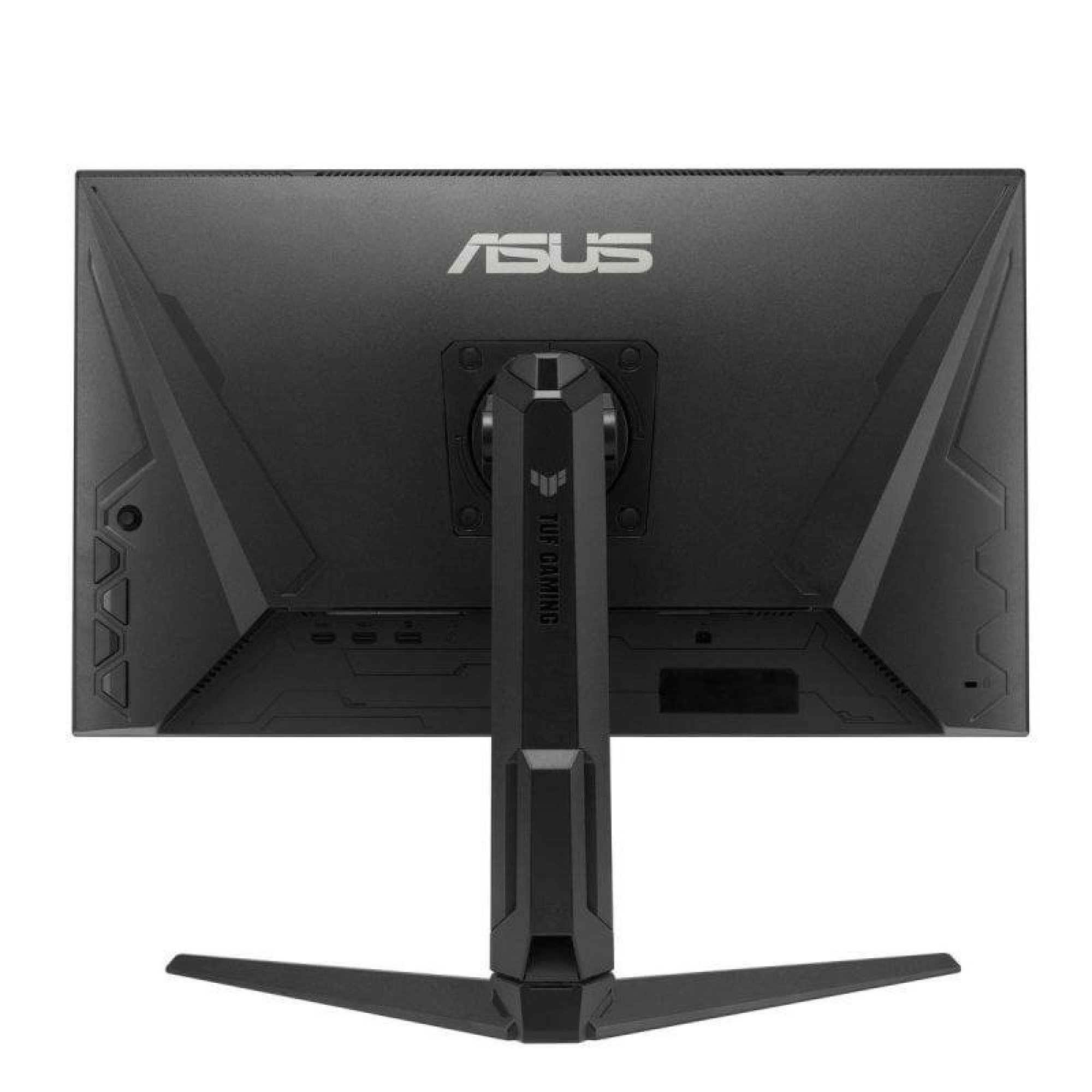 Vista posteriore di un monitor da gioco Asus TUF nero con supporto regolabile.