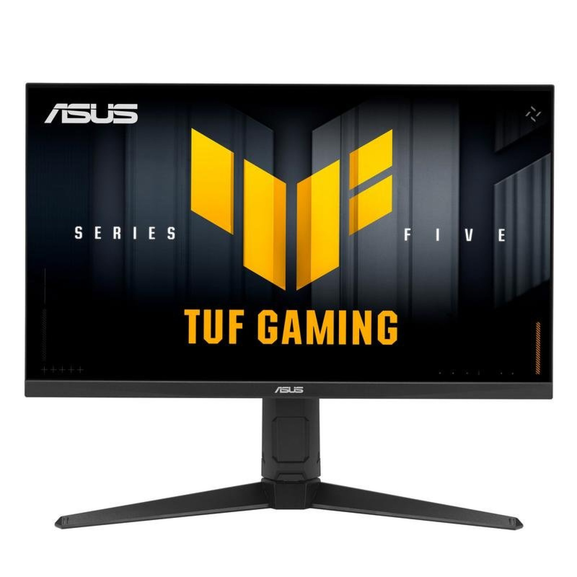 Monitor ASUS TUF Gaming su supporto nero a V, con grafica gialla e nera sullo schermo.