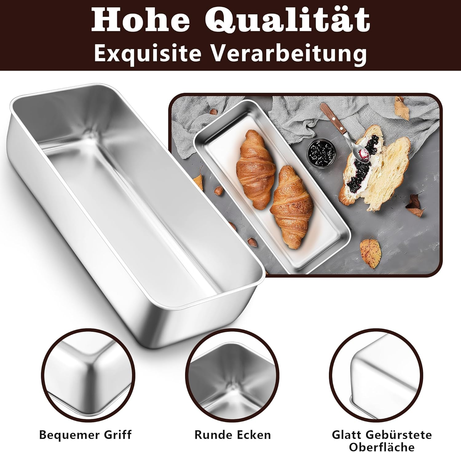 Silberne Kastenform mit Beispielen für runde Ecken, glatte Oberfläche und gebackene Croissants.