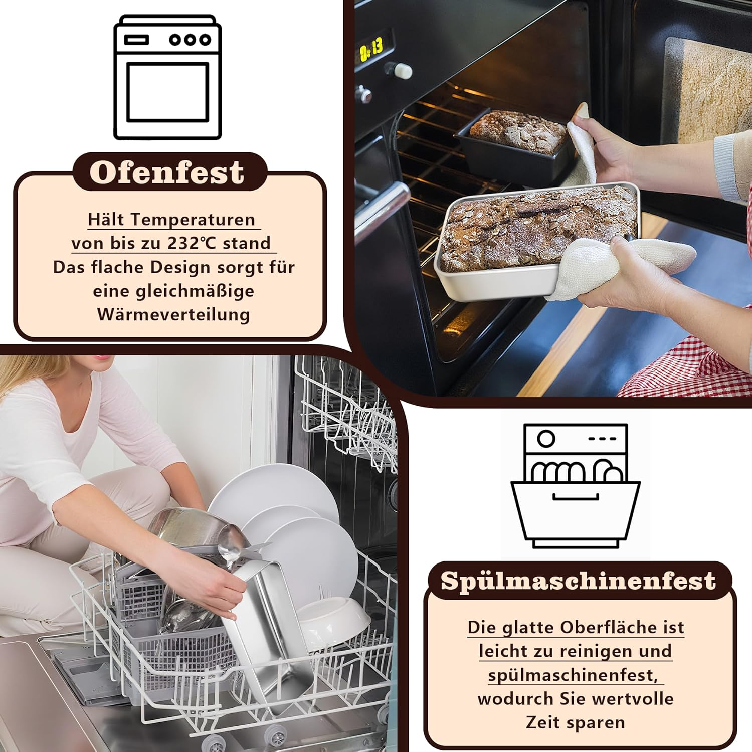 Ein Ofen mit gebackenem Brot, Text auf Deutsch zu Hitzebeständigkeit und Spülmaschinenfestigkeit.