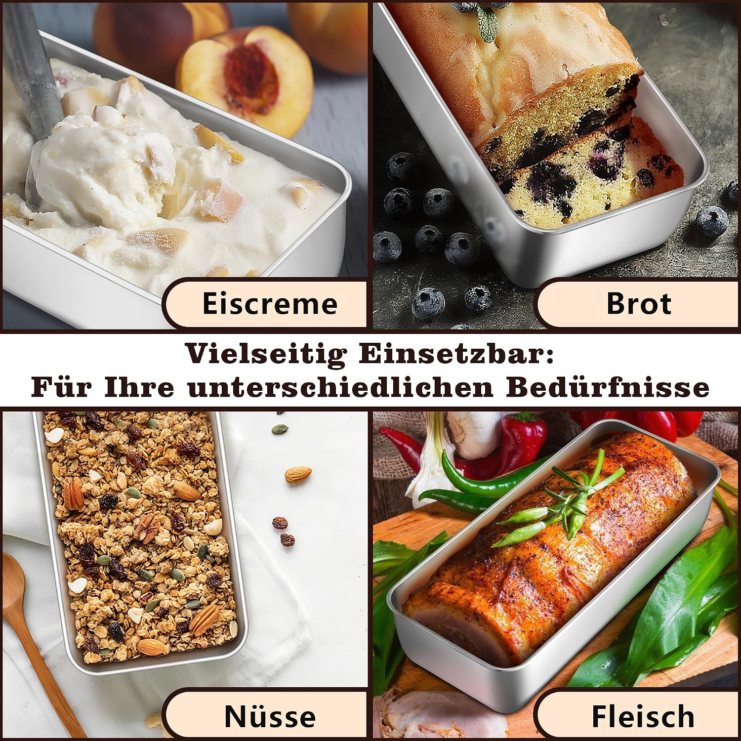 Vier Bilder zeigen eine Metallform mit Eis, Kuchen, Müsli und Fleisch, beschriftet auf Deutsch.