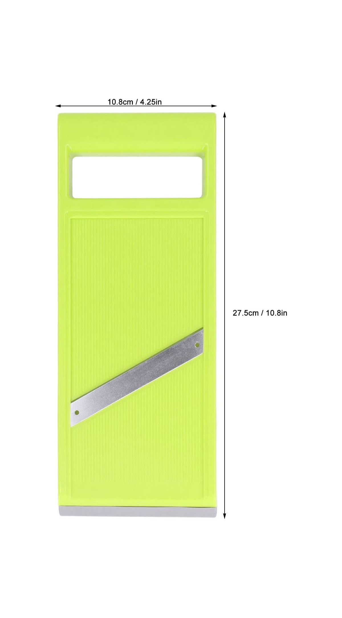 Grüner Gemüsehobel mit Maßen: 10,8 cm Breite und 27,5 cm Höhe.