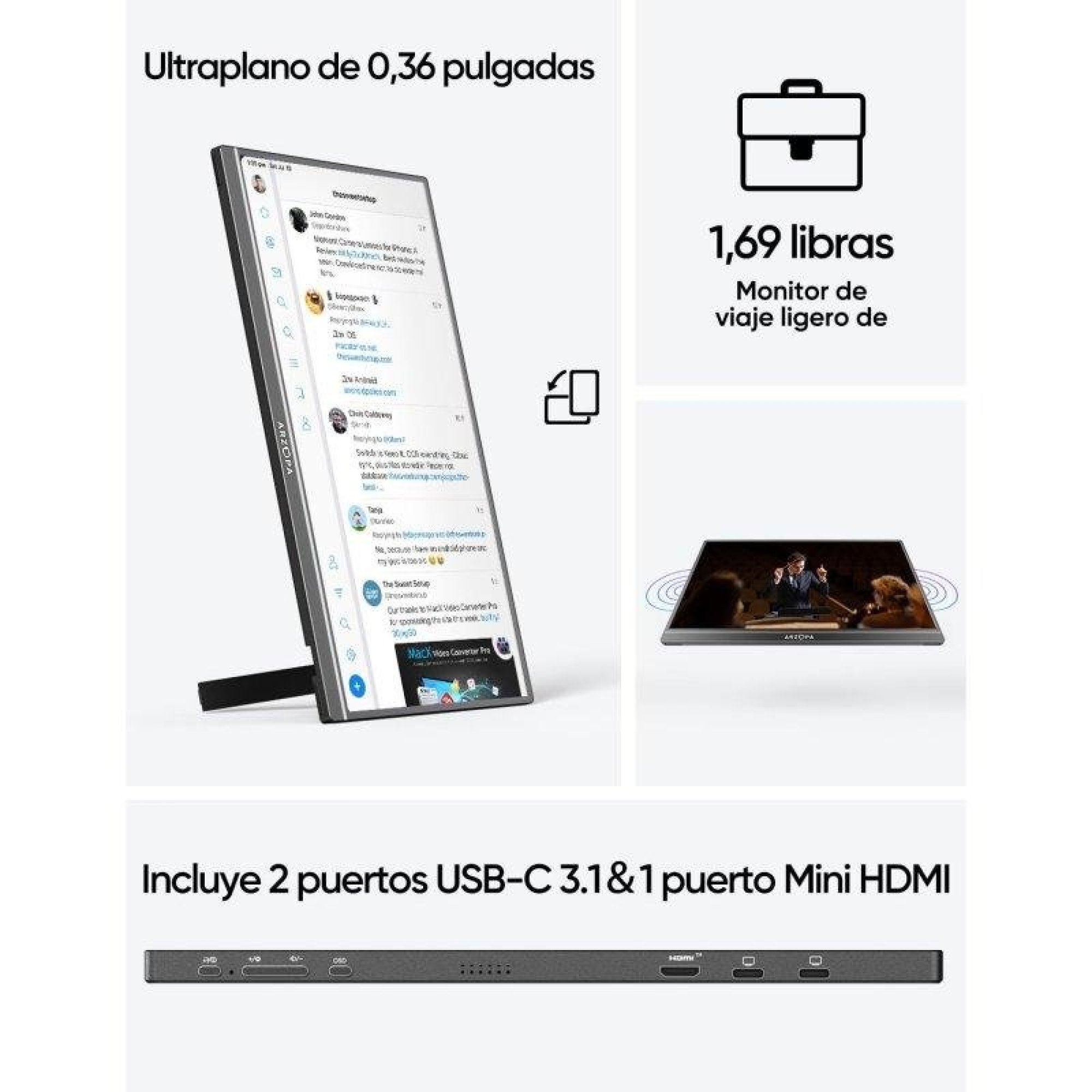 Taşınabilir monitör, ultra ince, hafif, USB-C ve mini HDMI bağlantı noktalarına sahip.