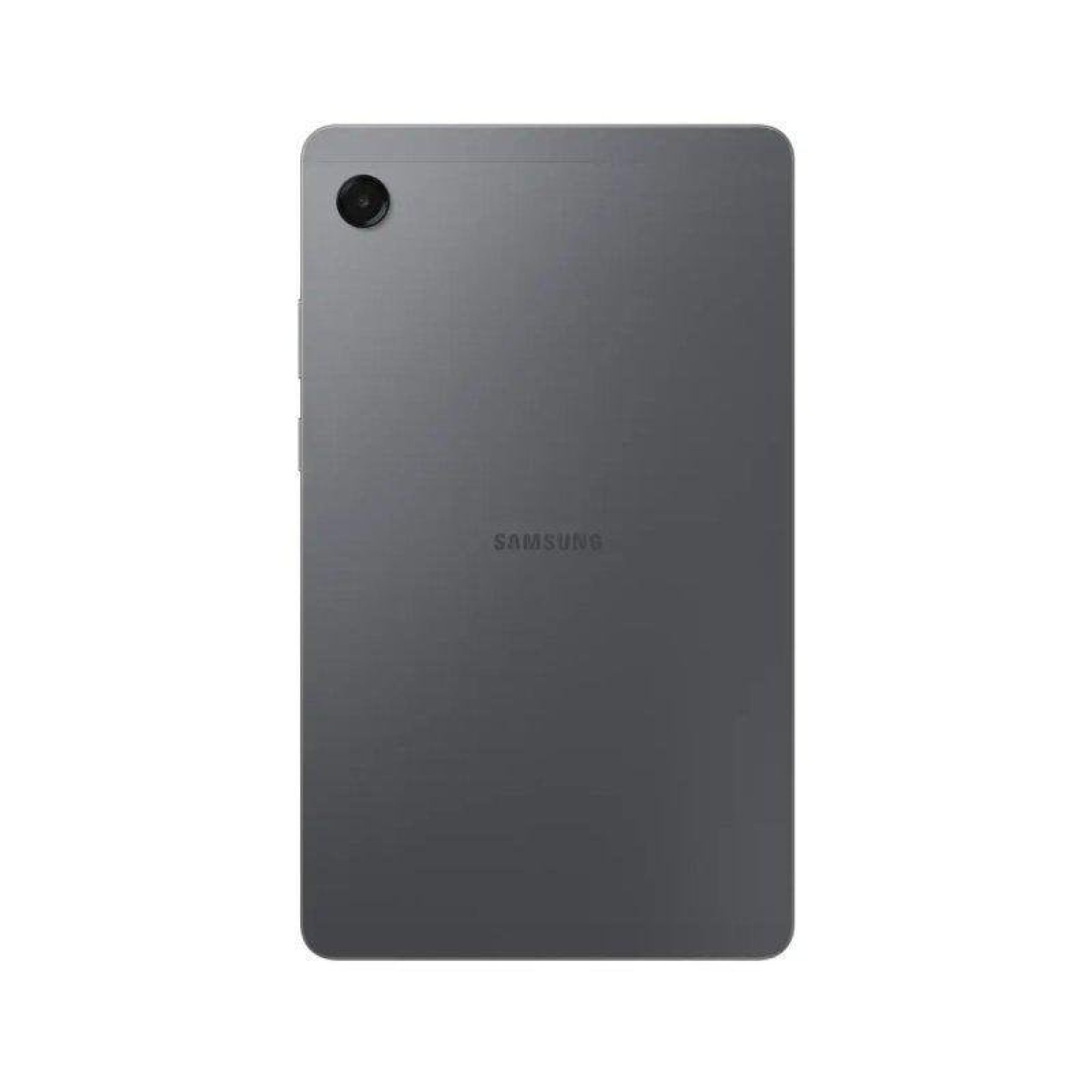 Rückseite eines grauen Samsung-Tablets mit einzelner Kamera oben links und dem Samsung-Logo in der Mitte.
