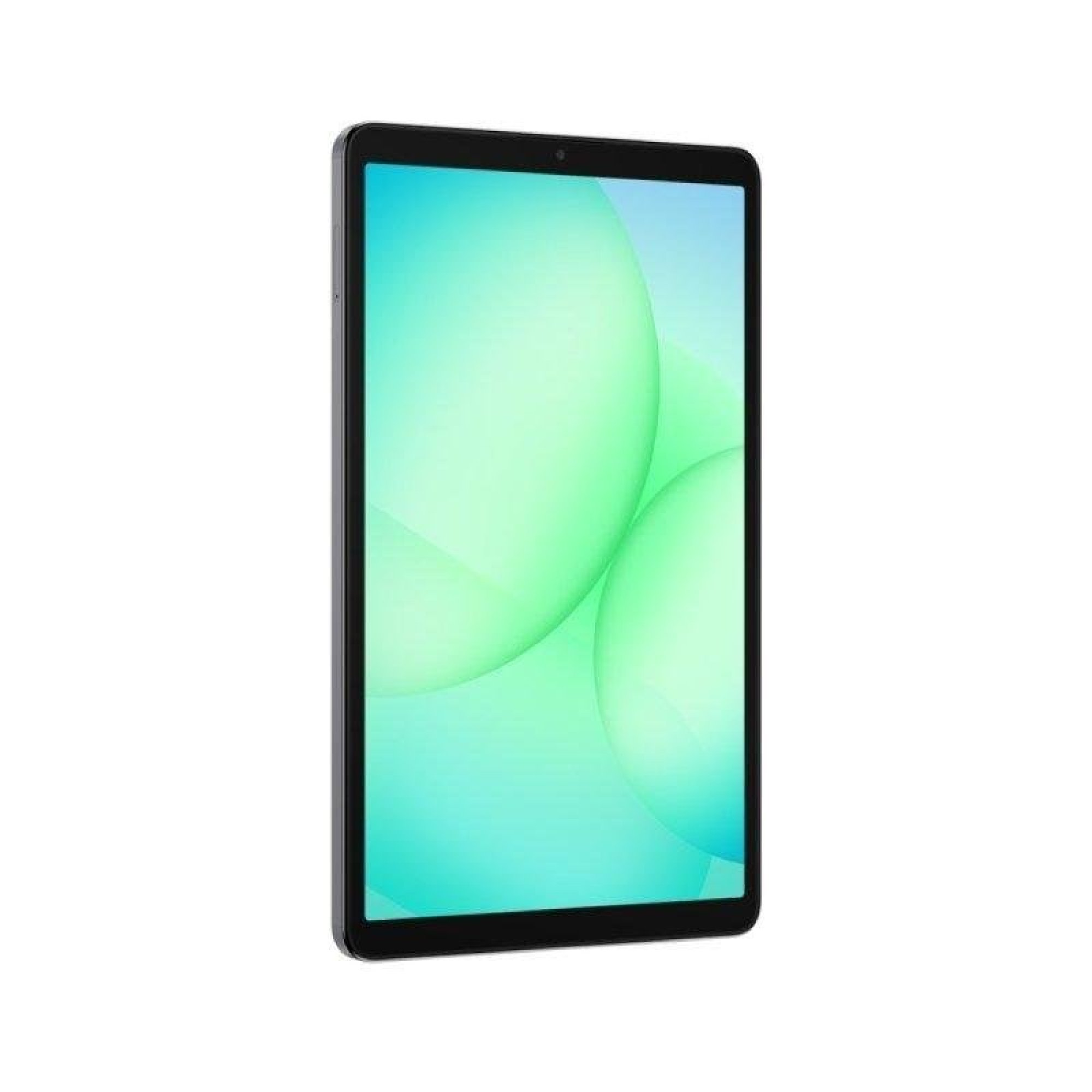 Ein schwarzes Tablet mit hellem, grün-blauem Hintergrund auf dem Bildschirm vor weißem Hintergrund.