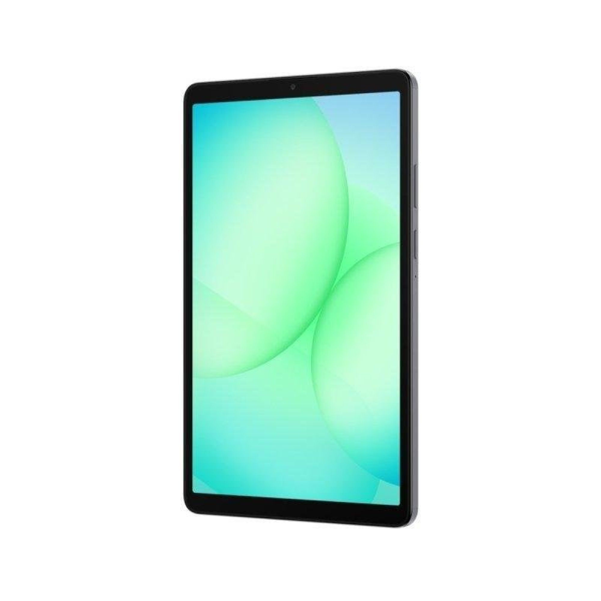 Ein schwarzes Tablet mit hellem, grün-blauem Hintergrund auf dem Display steht auf weißem Grund.