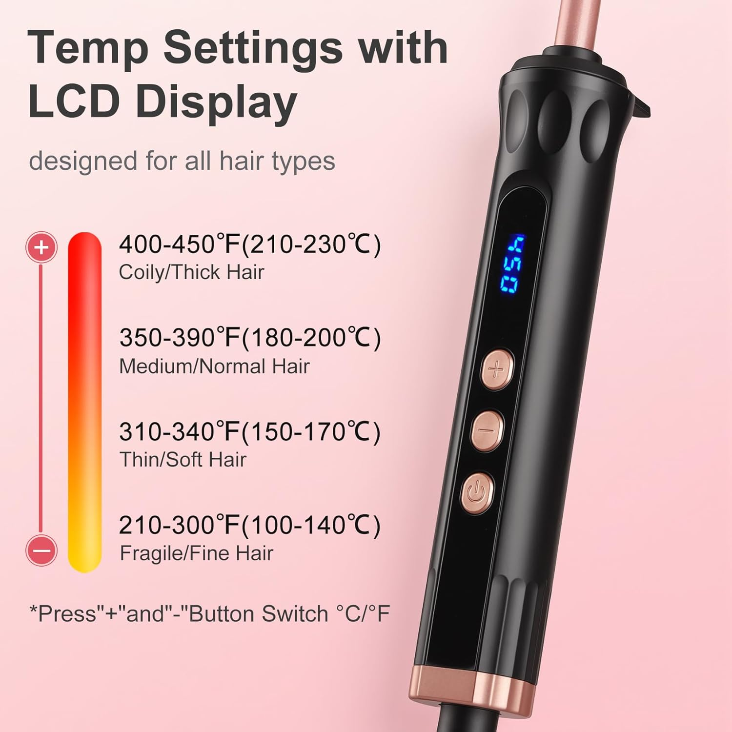 Ein schwarzer Lockenstab mit LCD-Display und Temperaturratgeber vor rosa Hintergrund.