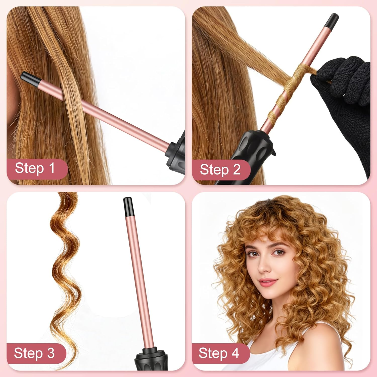 Vier Schritte zur Verwendung eines Lockenstabs: Haare vorbereiten, aufwickeln, fertige Locke und das finale Styling.