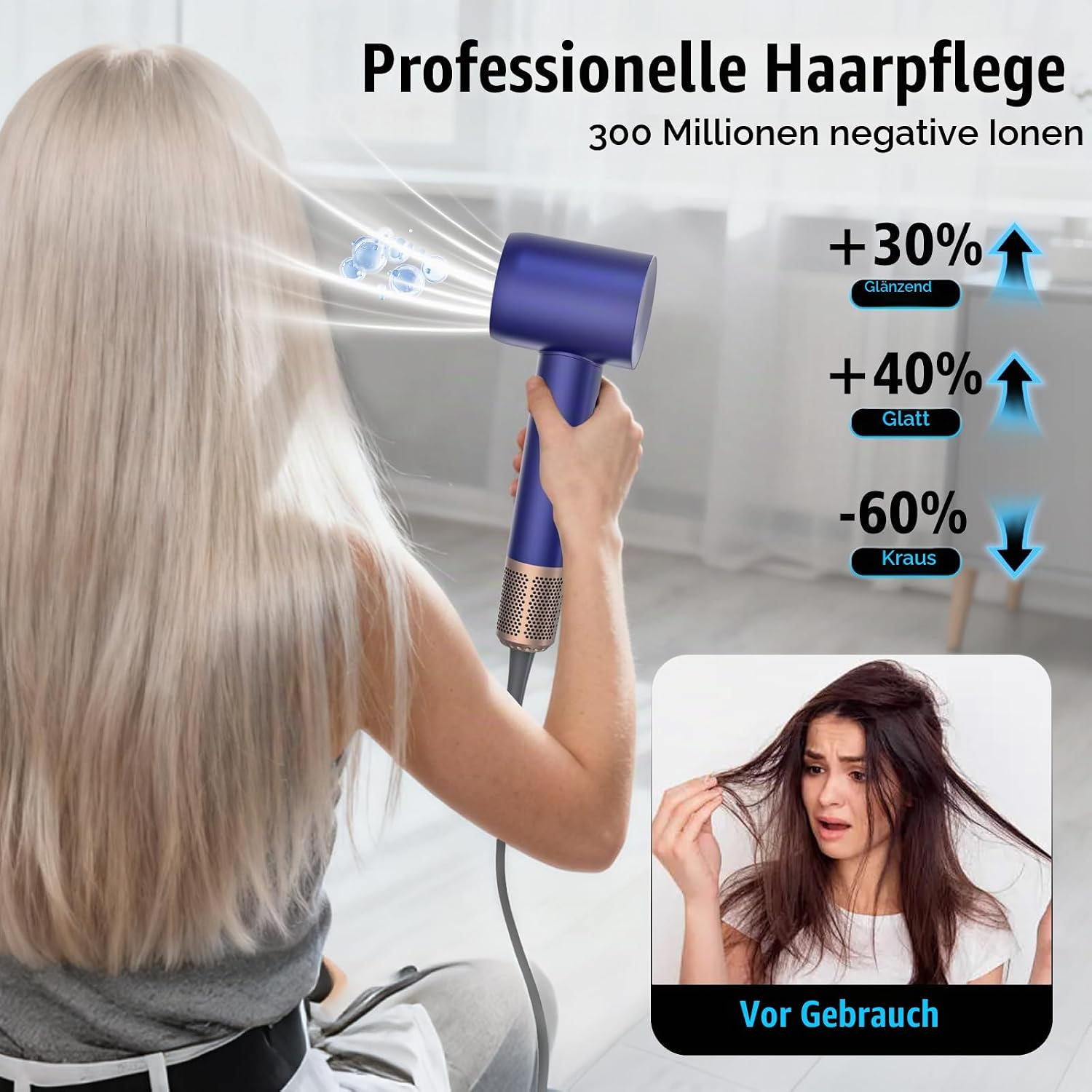 Eine Frau föhnt ihr glattes Haar mit einem blauen Haartrockner. Unten rechts ein Bild von ungestyltem Haar.