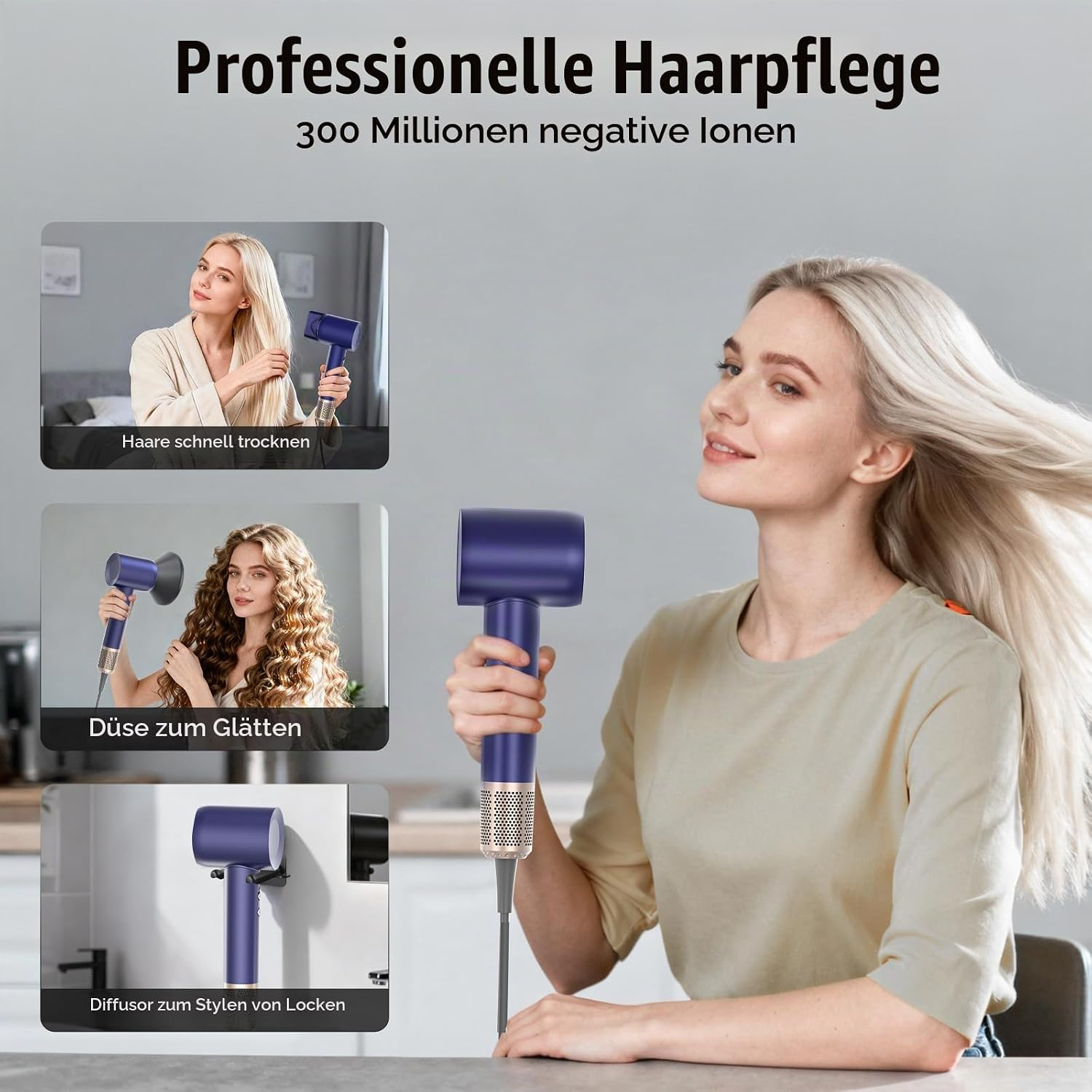 Frau föhnt blondes Haar mit blauem Haartrockner, drei Inset-Bilder zeigen verschiedene Styling-Funktionen.