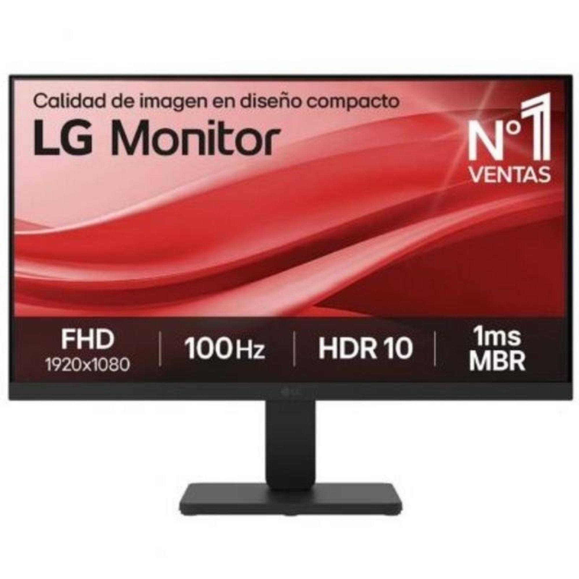 Monitor LG con sfondo rosso e testo che evidenzia caratteristiche come FHD, 100Hz e HDR10.