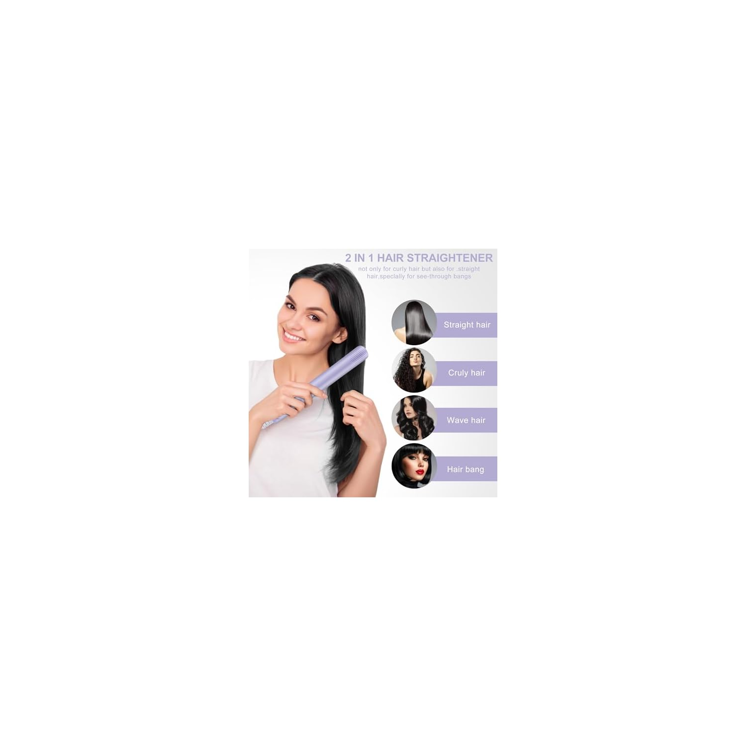 Eine Frau hält einen violetten Haarglätter, daneben Icons für verschiedene Frisuren.