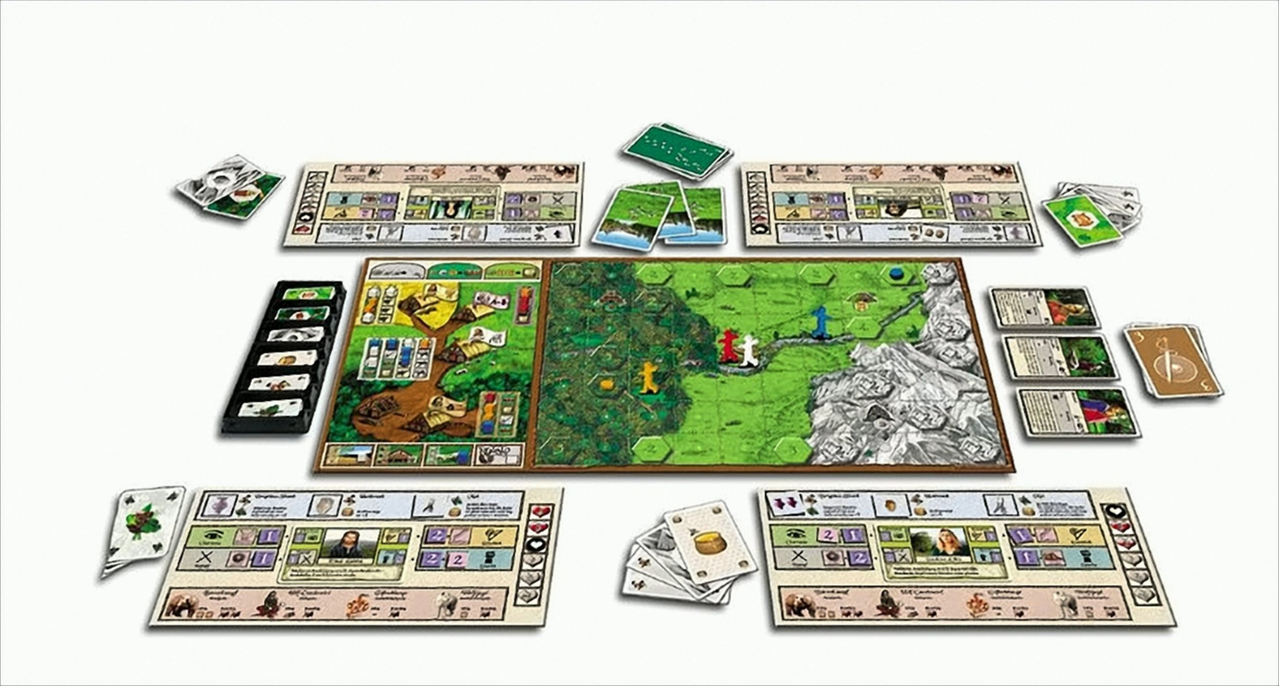 Ein Brettspielaufbau mit grünen Karten, Spielbretts, Charakteren und bunten Spielfiguren auf weißem Hintergrund.
