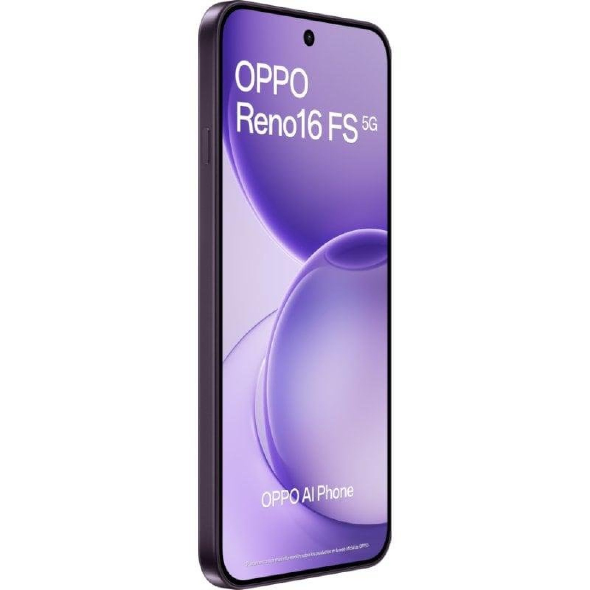 Smartphone viola Oppo Reno16 FS 5G con sfondo viola e testo.