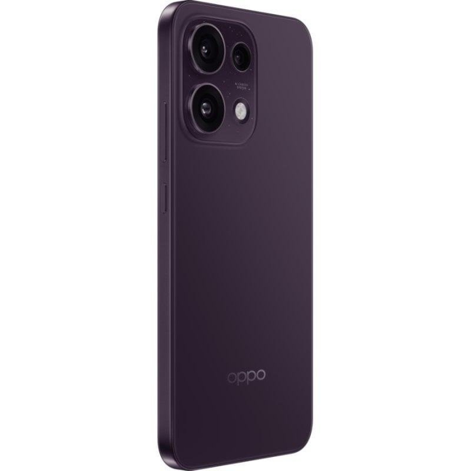Vista posteriore di uno smartphone Oppo viola con modulo fotocamera rettangolare e logo.