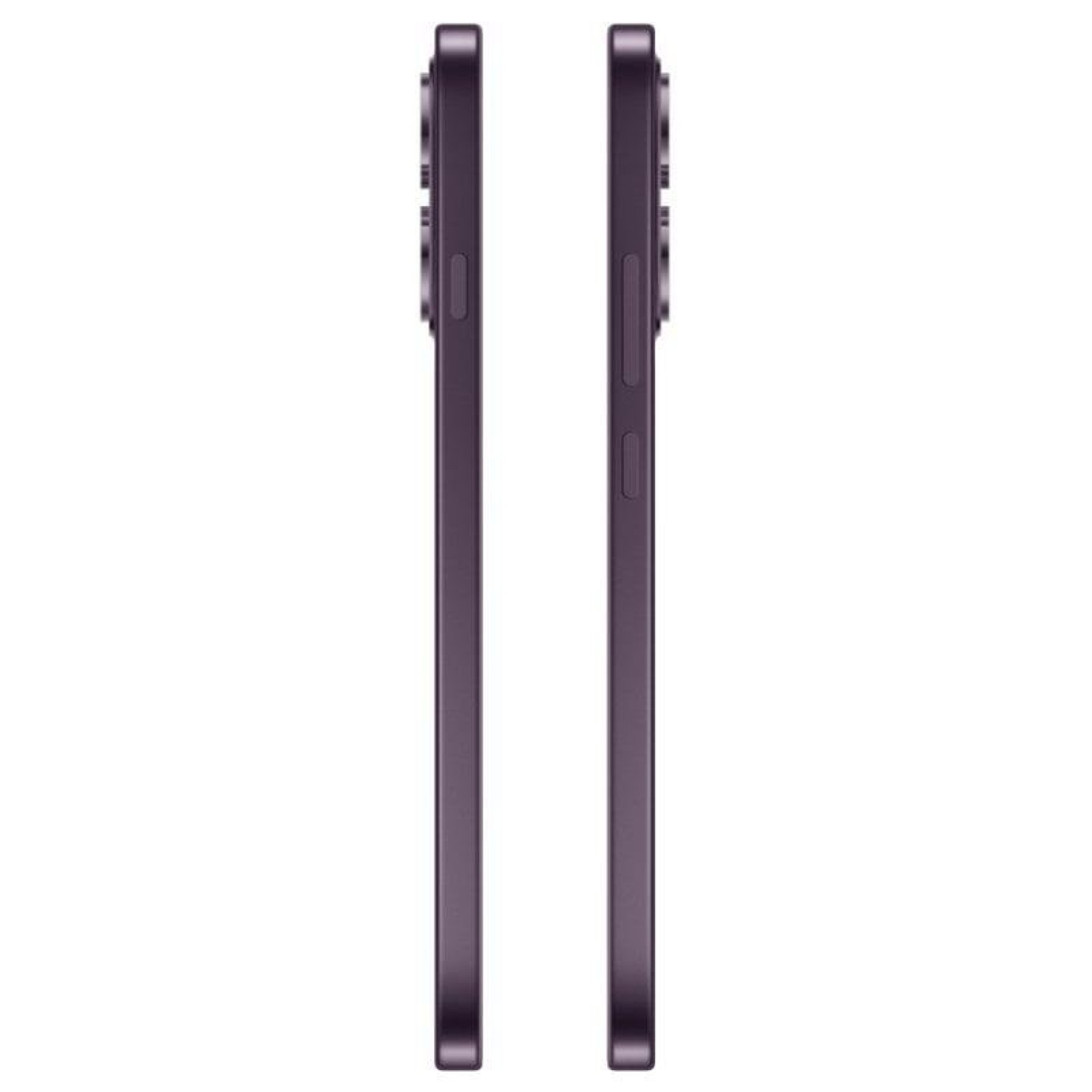Due profili laterali di uno smartphone viola scuro, con tasti volume e accensione su sfondo bianco.