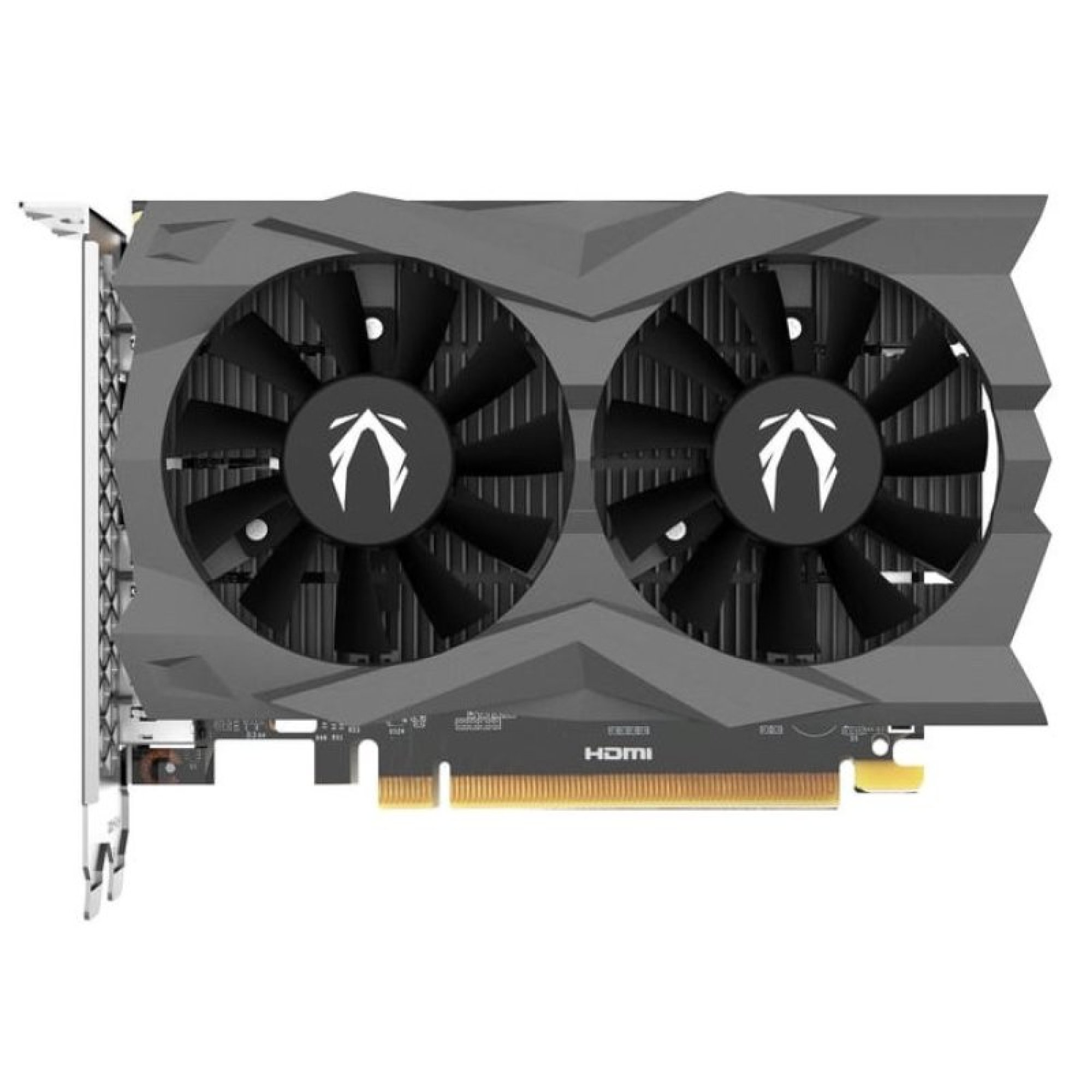 Una scheda grafica nera e grigia con due ventole e connettore PCIe dorato su sfondo bianco.
