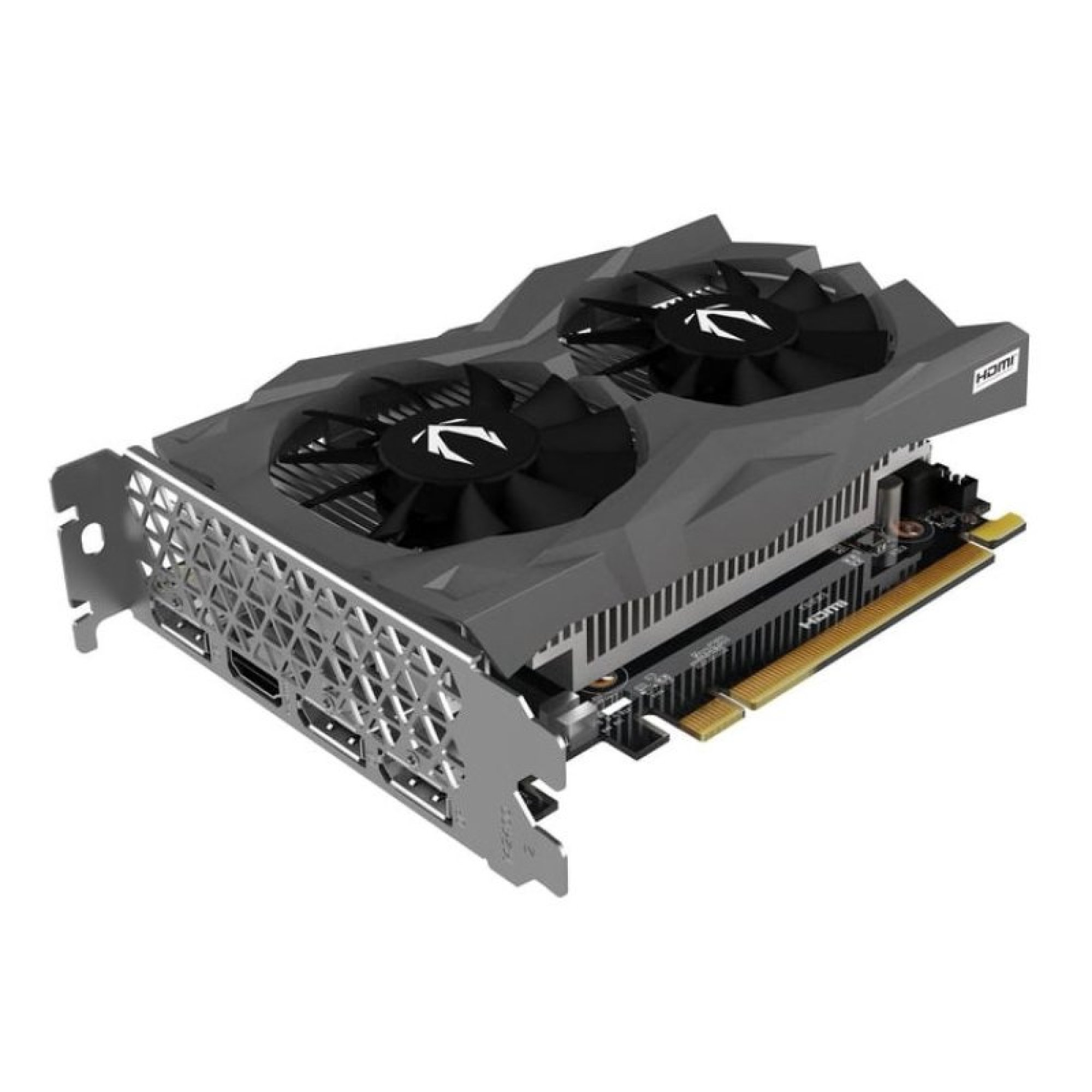 Scheda grafica nera e grigia con due ventole, staffa I/O argento e pin di connessione PCIe dorati.