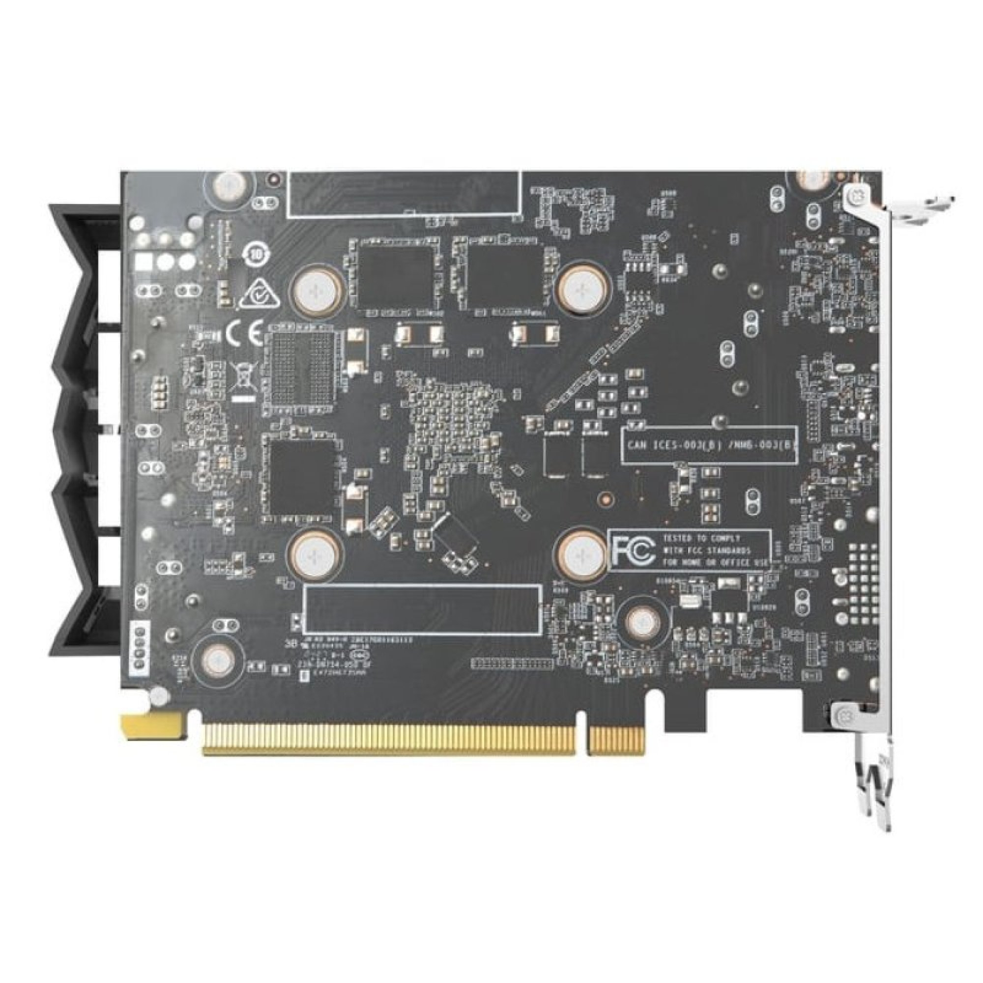 Primo piano del retro di una scheda video nera con circuiti a vista, chip e connettore PCIe dorato.