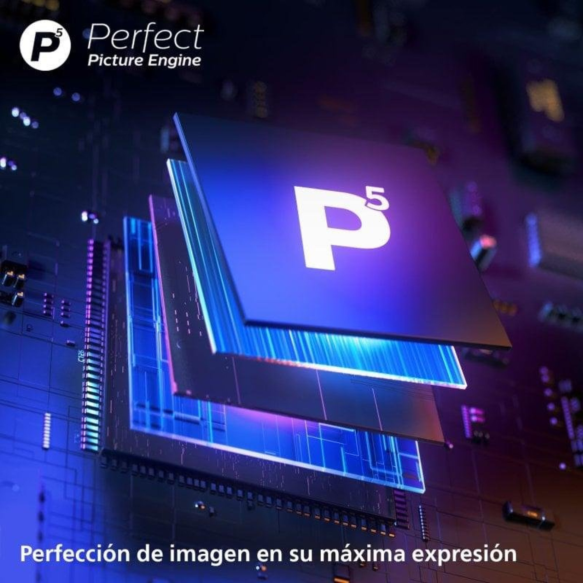 Un microchip blu con il logo P5 Perfect Picture Engine fluttuante sopra un circuito stampato.