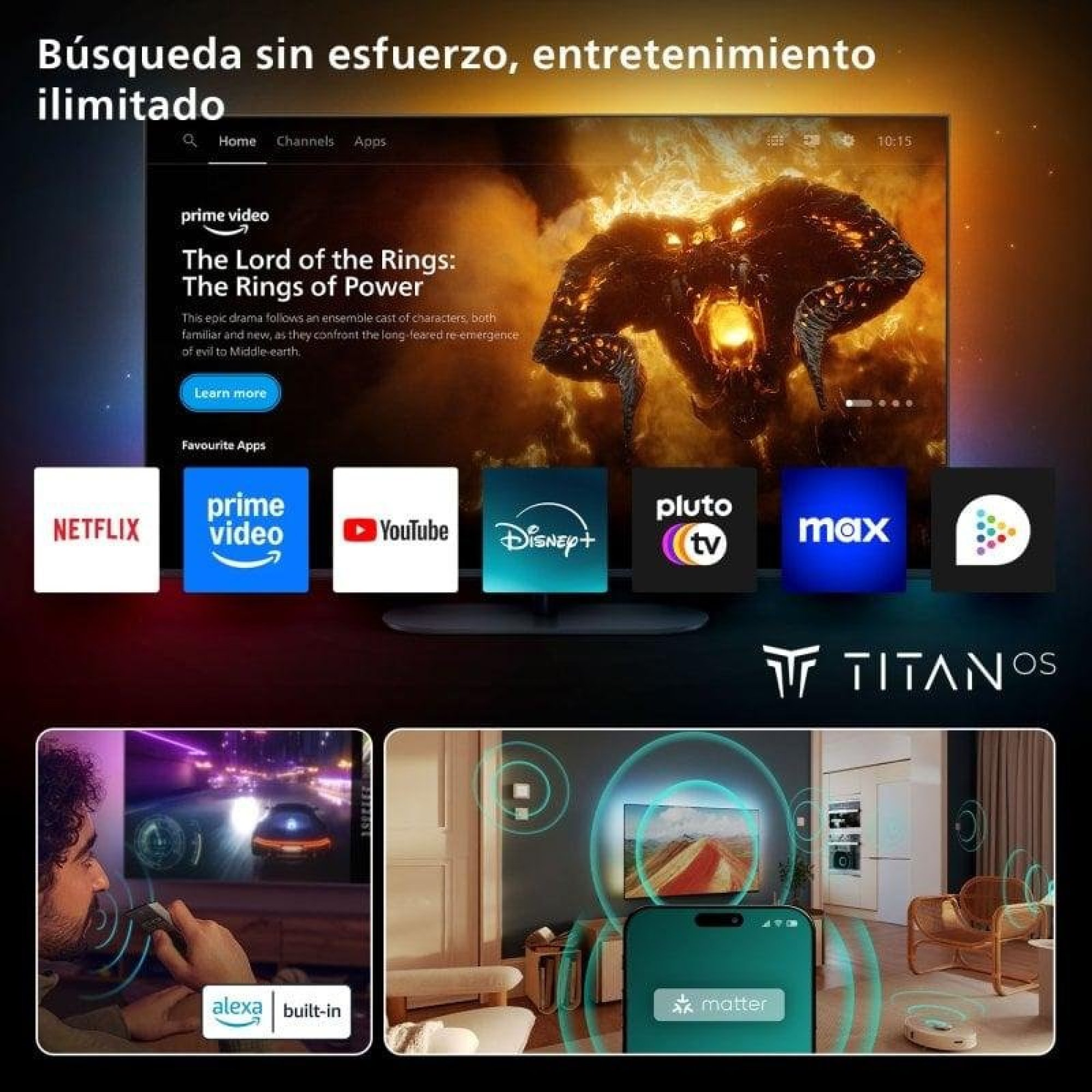 Smart TV Titan OS che mostra Prime Video, loghi di app e controllo vocale.