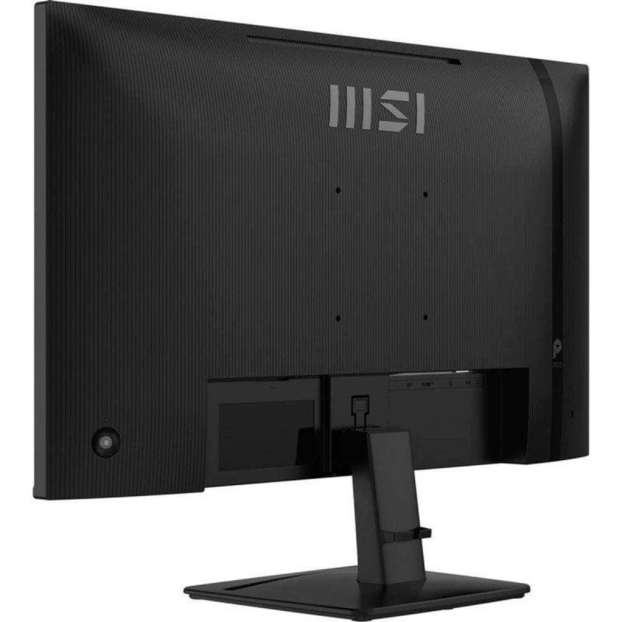 Vista posteriore di un monitor MSI nero con supporto su sfondo chiaro.