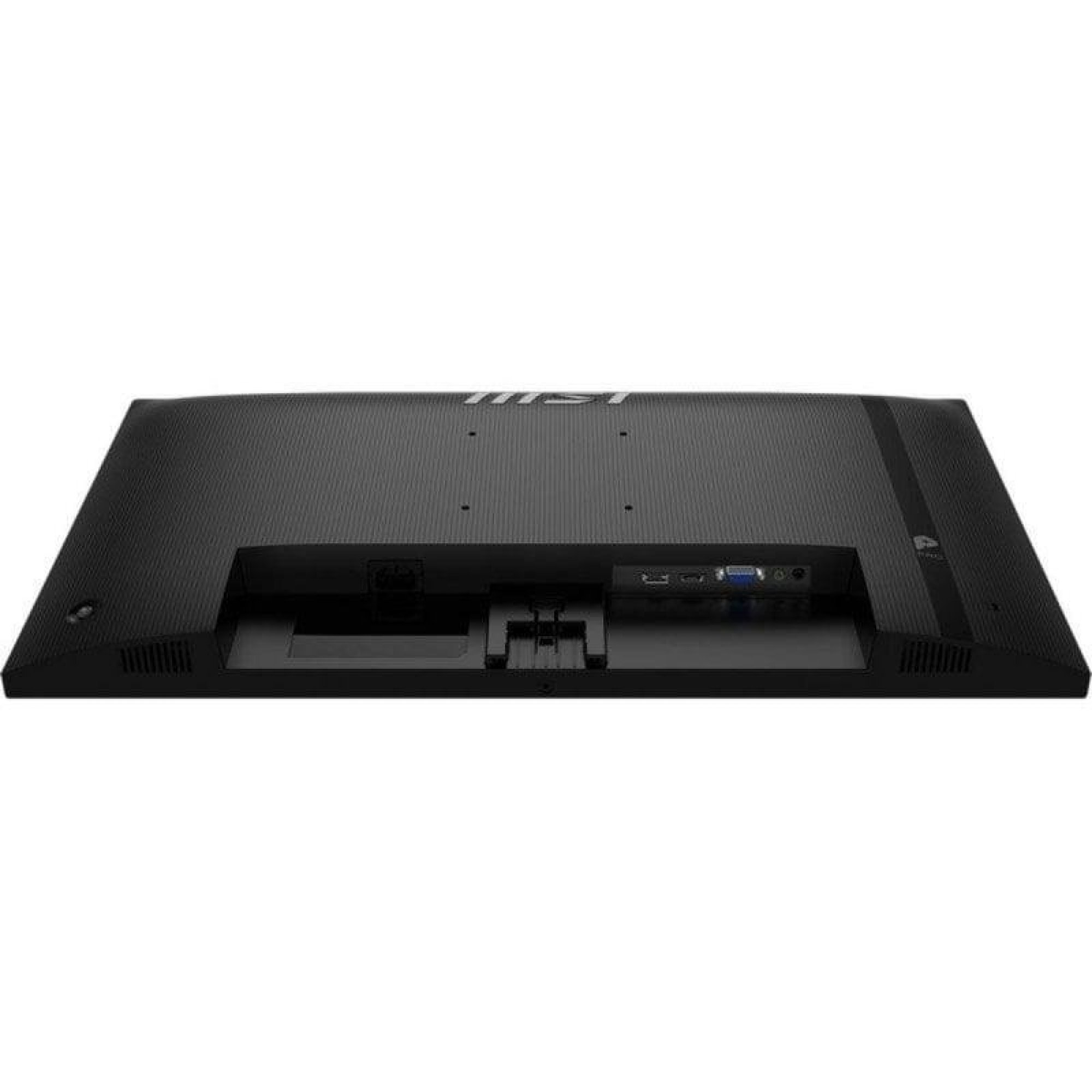 Vista posteriore di un monitor MSI nero con porte, supporto VESA e base.
