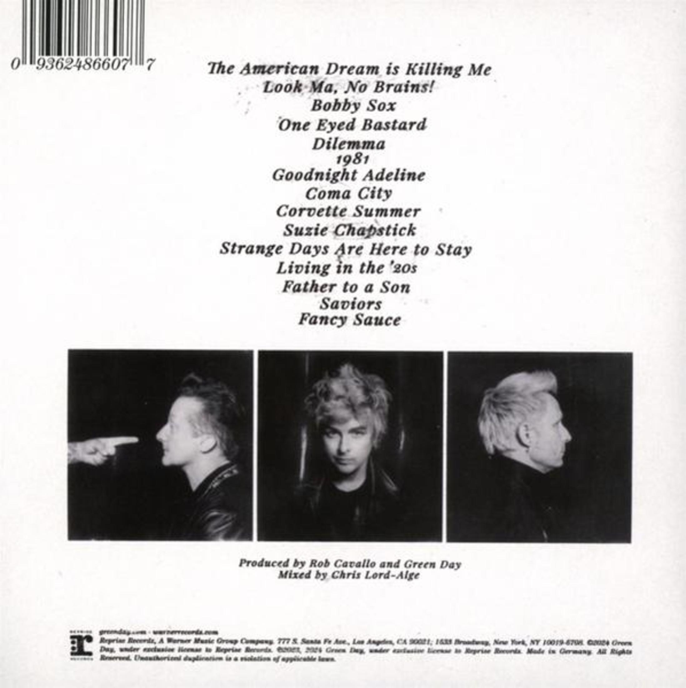 Albumrückseite mit Titelliste oben, drei Schwarz-Weiß-Bandfotos darunter und Barcode oben links.
