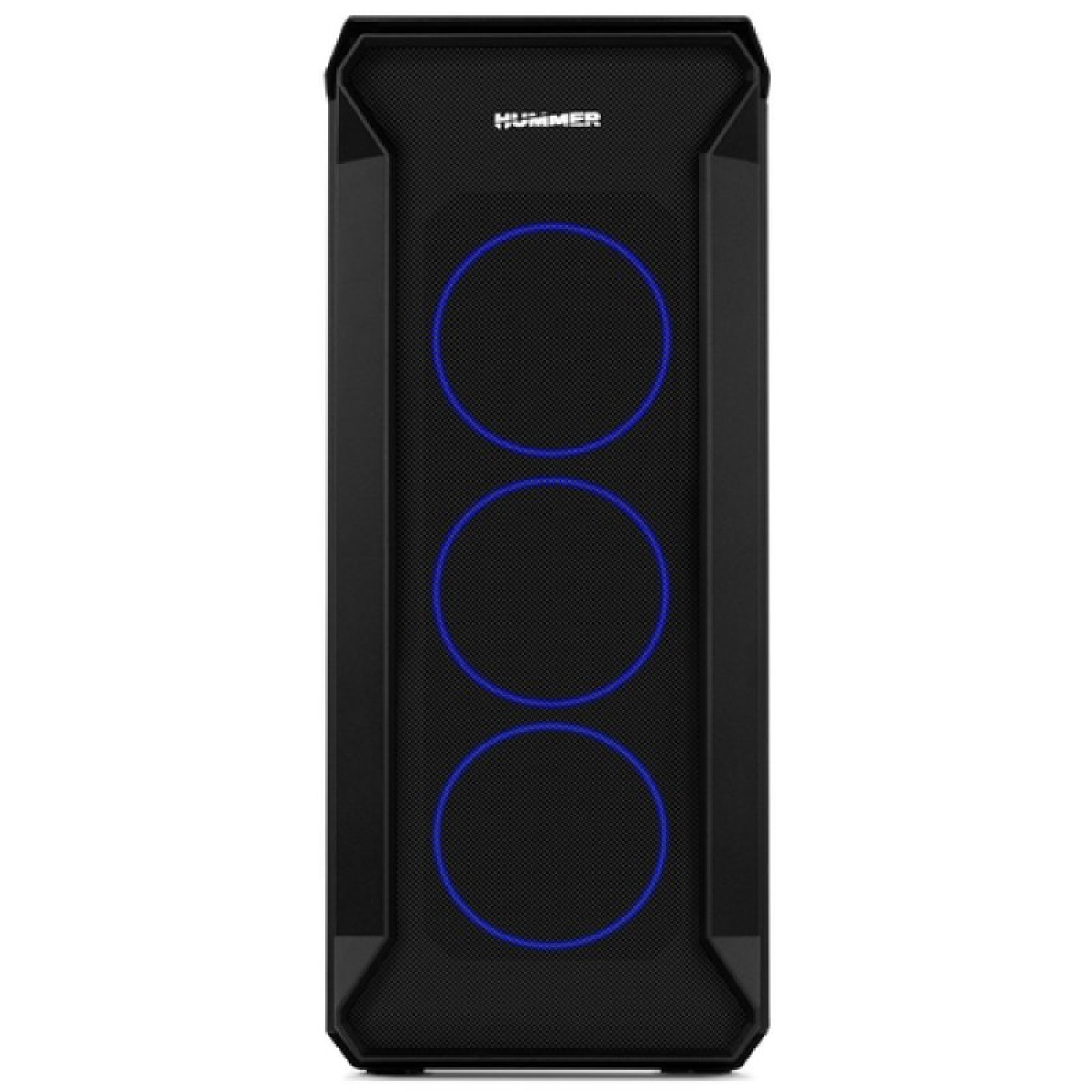 Torre de PC Hummer negra con tres ventiladores con luz LED azul en el frente sobre fondo blanco.