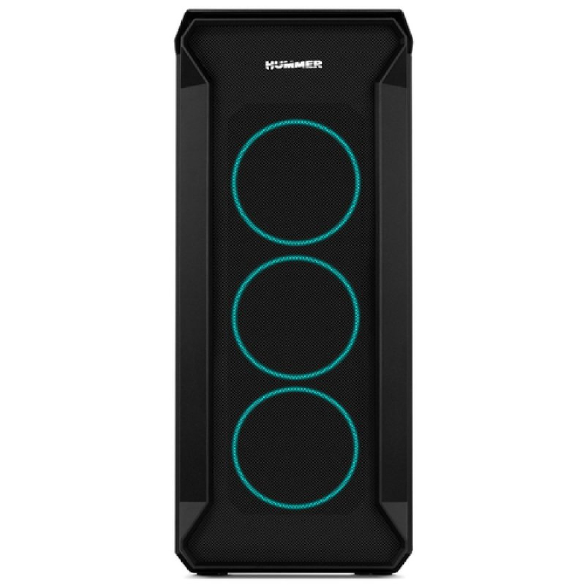 Gabinete de PC negro con el logotipo de Hummer y tres ventiladores circulares con LED azul.
