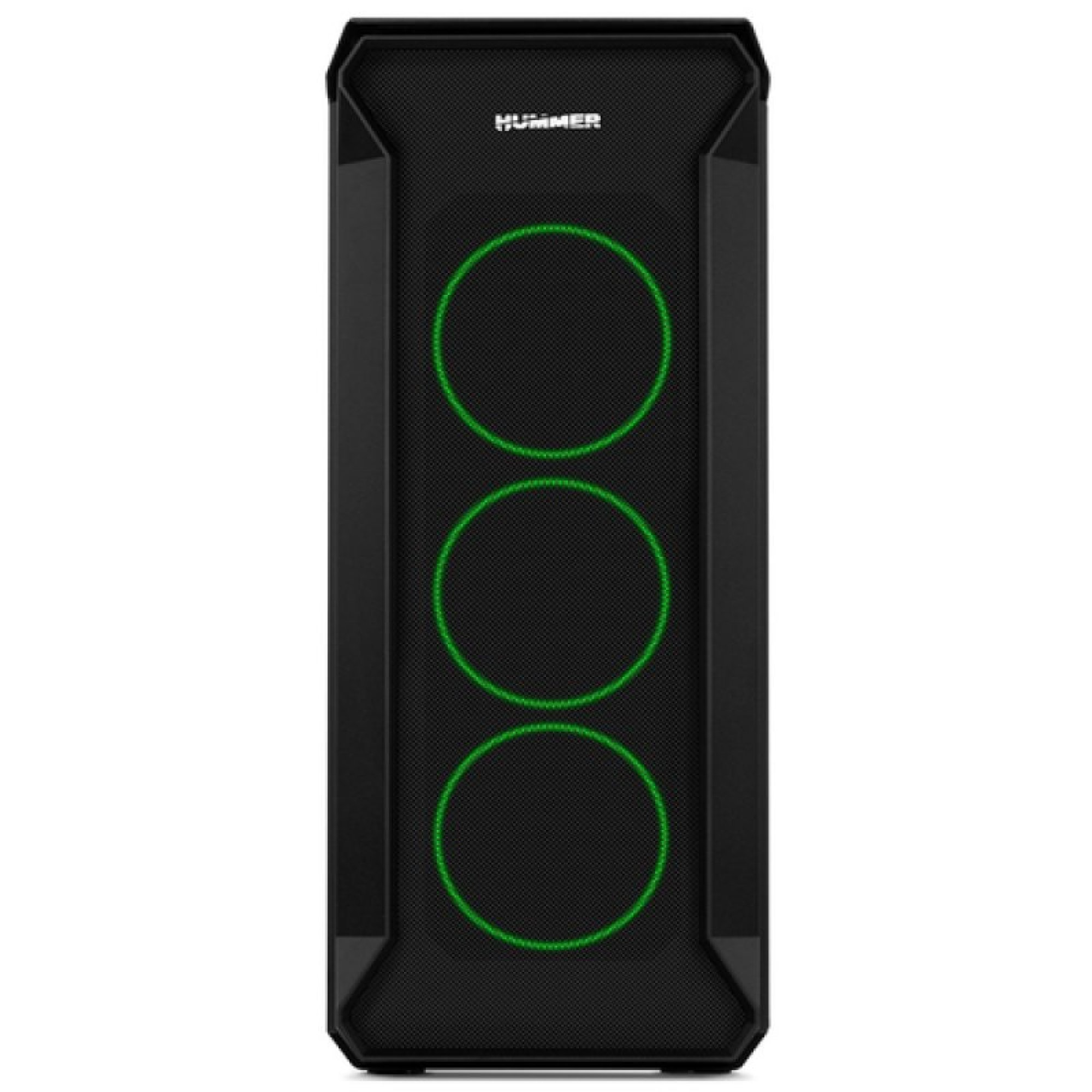 Carcasa de PC Hummer negra con tres ventiladores circulares con luz verde en el frente sobre fondo blanco.
