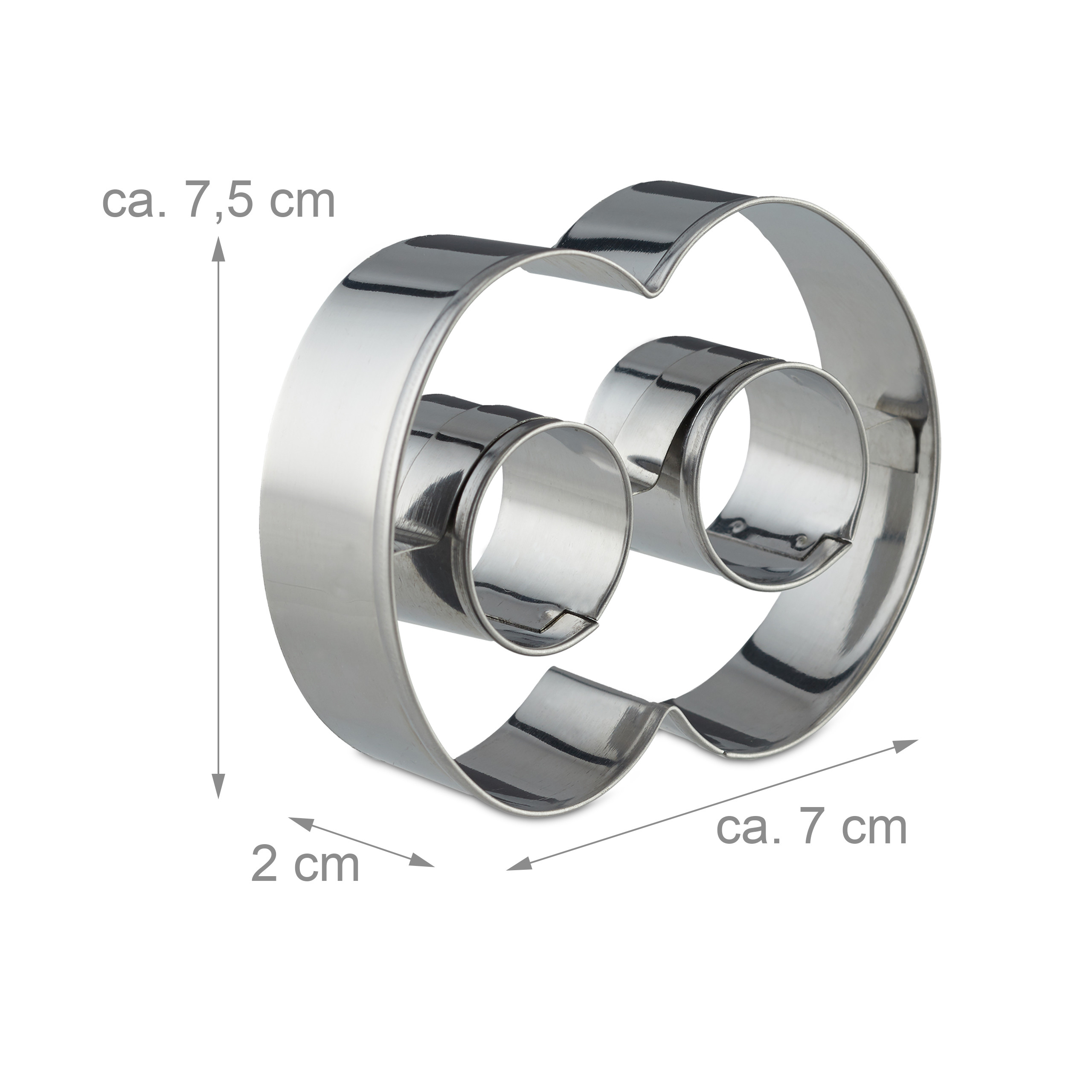Glänzender Metall-Brillen-Ausstecher mit Maßangaben von 7,5 cm Höhe, 7 cm Breite und 2 cm Tiefe.