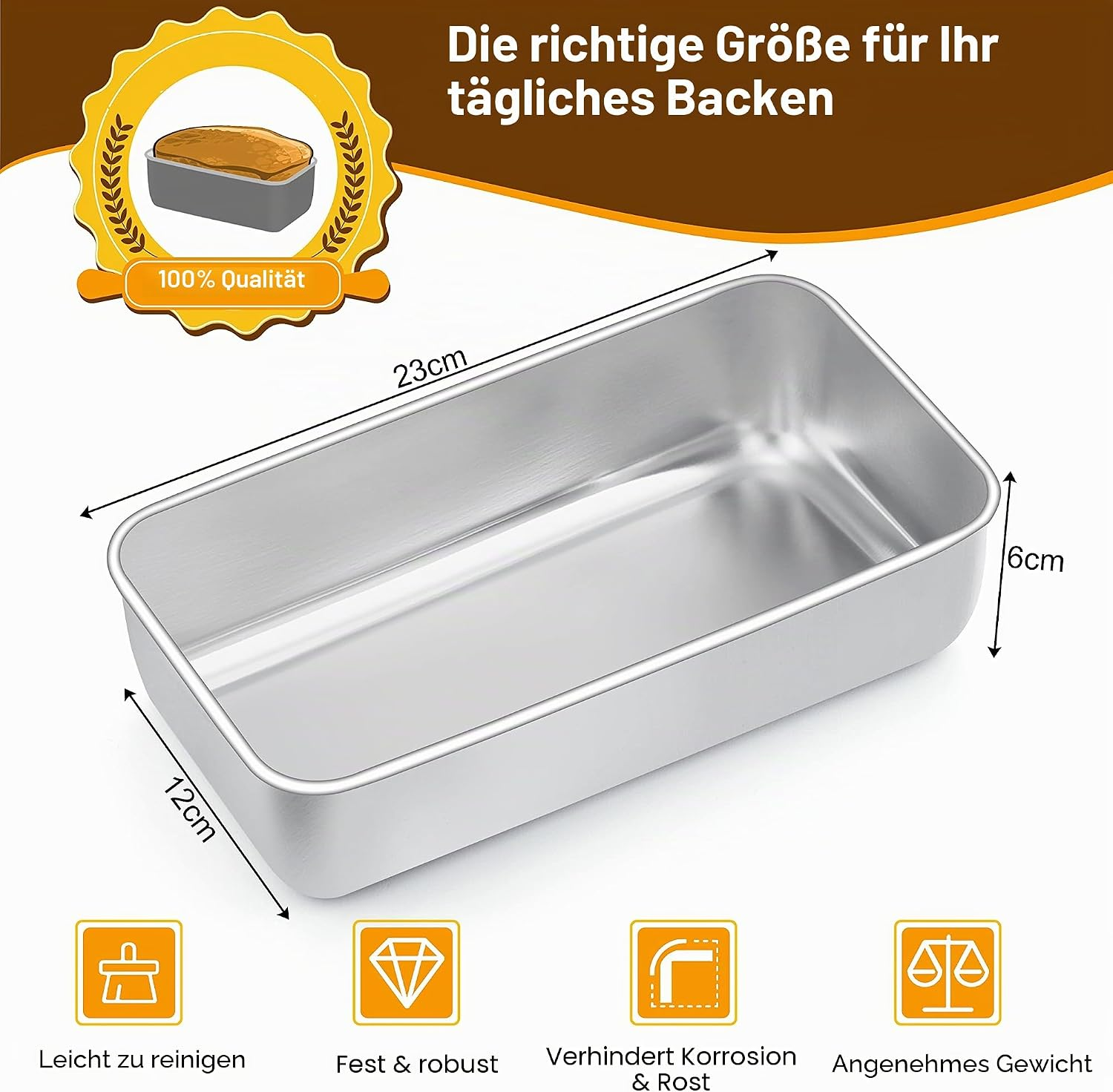 Rechteckige silberne Backform mit Maßen 23x12x6 cm, deutsche Produktwerbung.