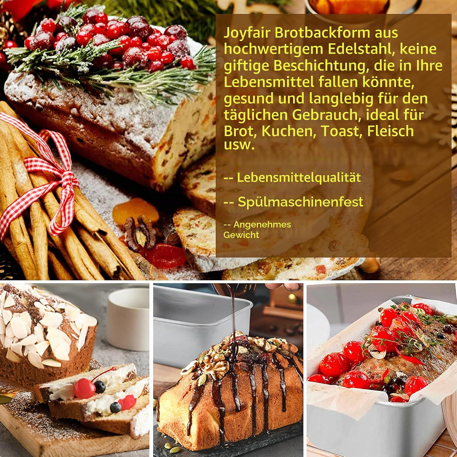 Eine Edelstahl-Brotbackform mit Kuchen, Brot und deutscher Produktwerbung.