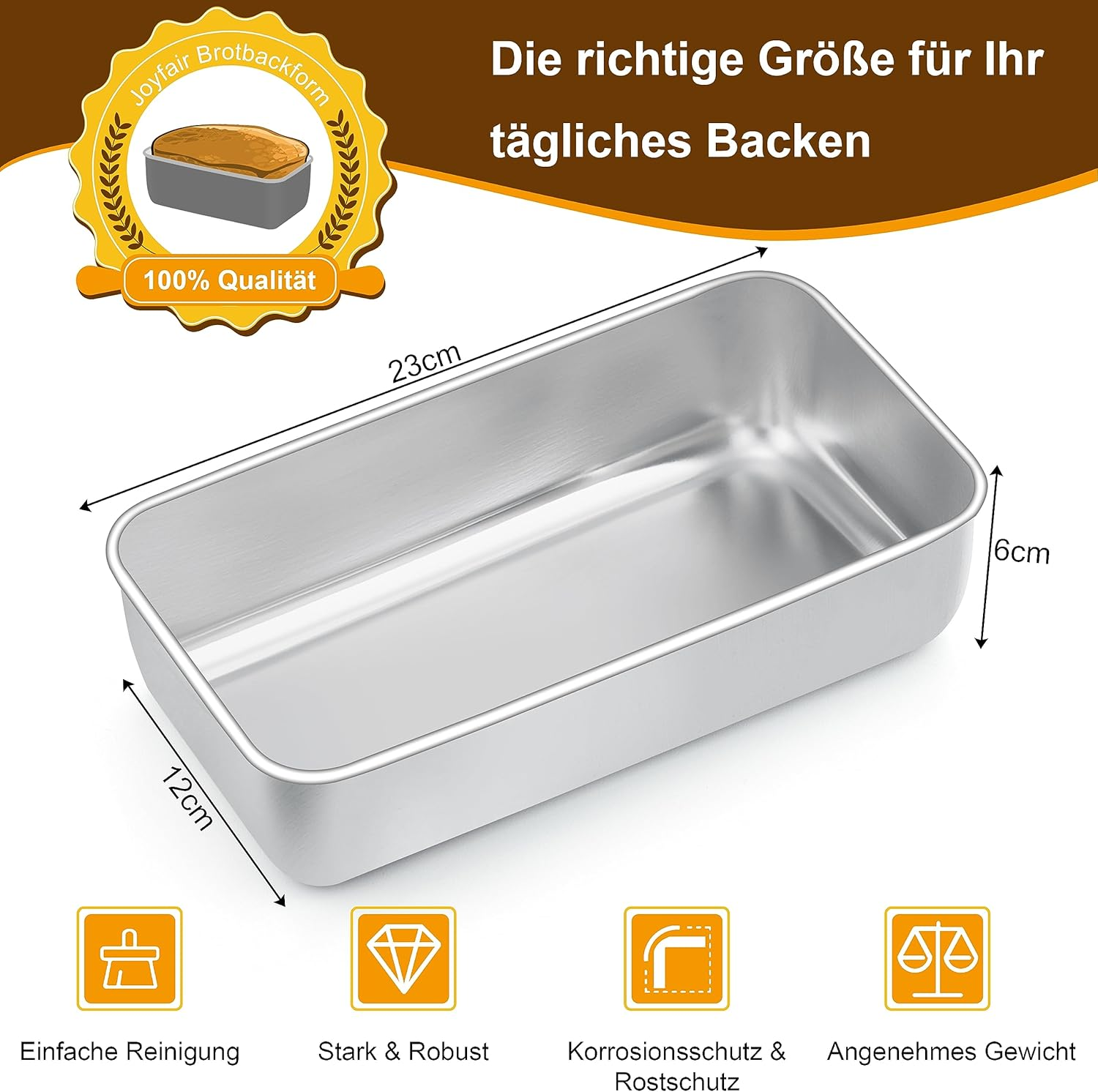 Eine silberne Kastenform mit Maßangaben von 23x12x6cm und vier Produktmerkmalen unten.