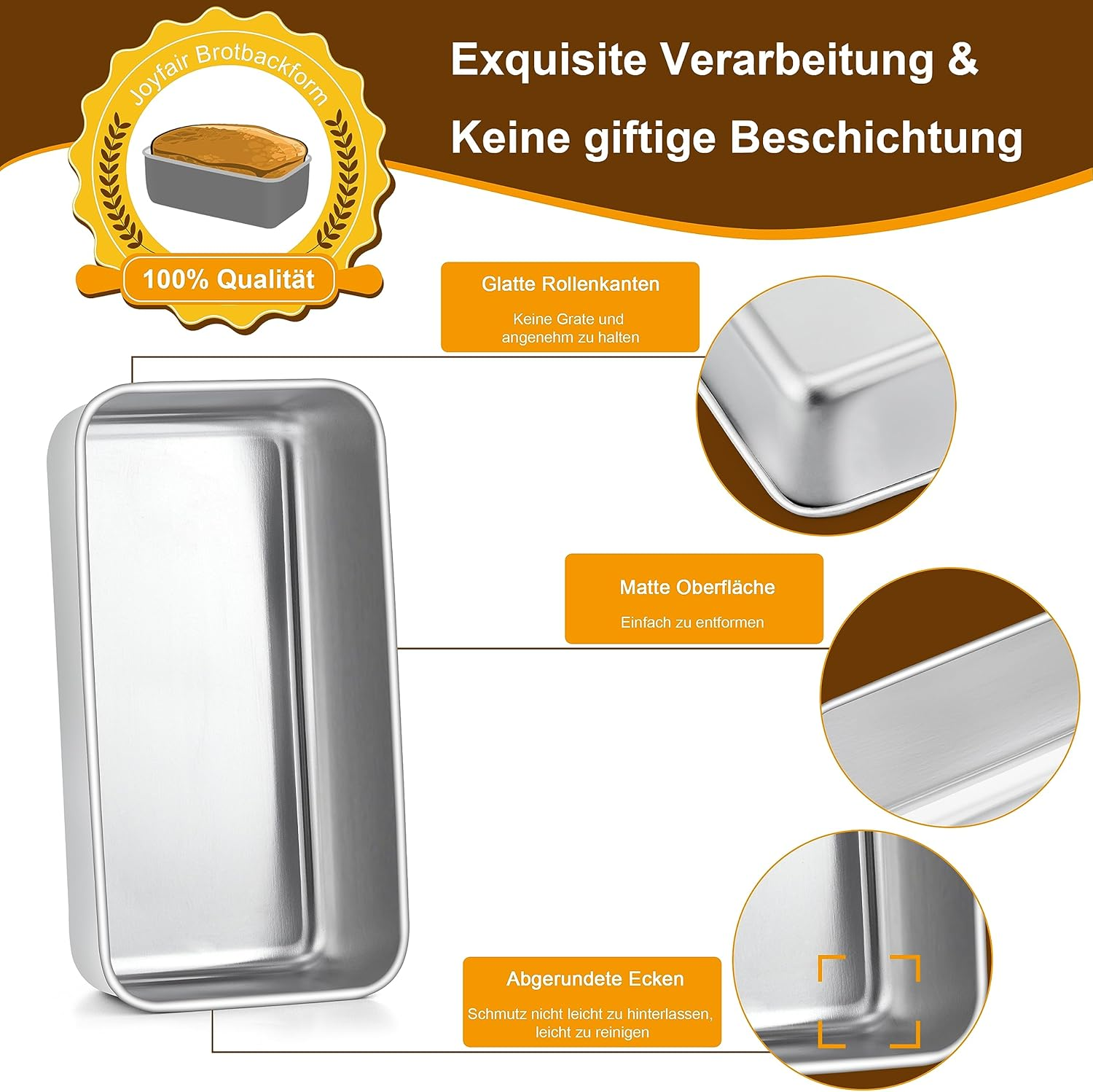 Silberne Brotbackform mit runden Ecken, glatten Kanten und matter Oberfläche auf Werbegrafik.