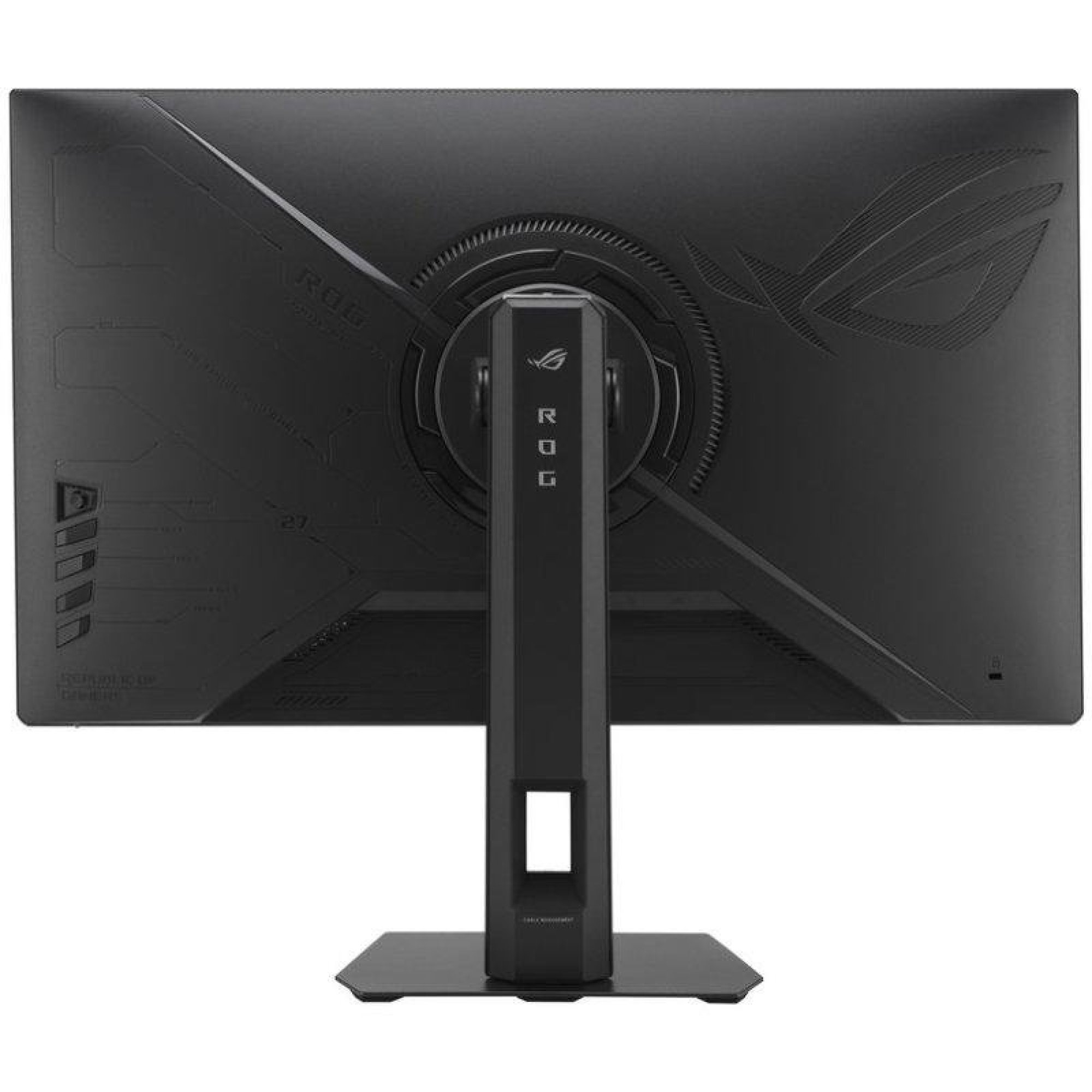 Vista posteriore di un monitor da gioco Asus ROG nero con supporto ergonomico su sfondo bianco.