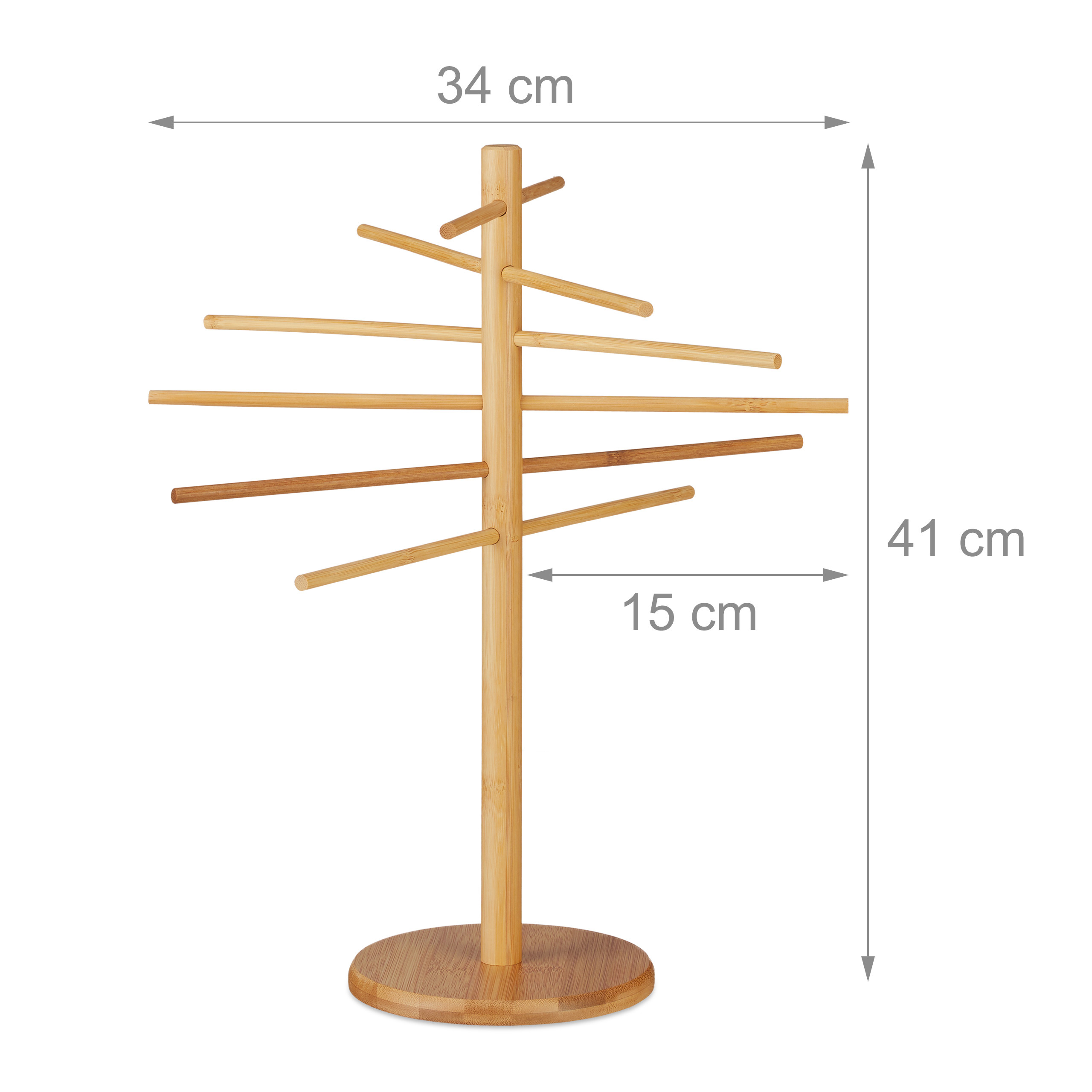Holz-Trockenständer mit Maßen: 34 cm breit, 41 cm hoch und 15 cm tief.