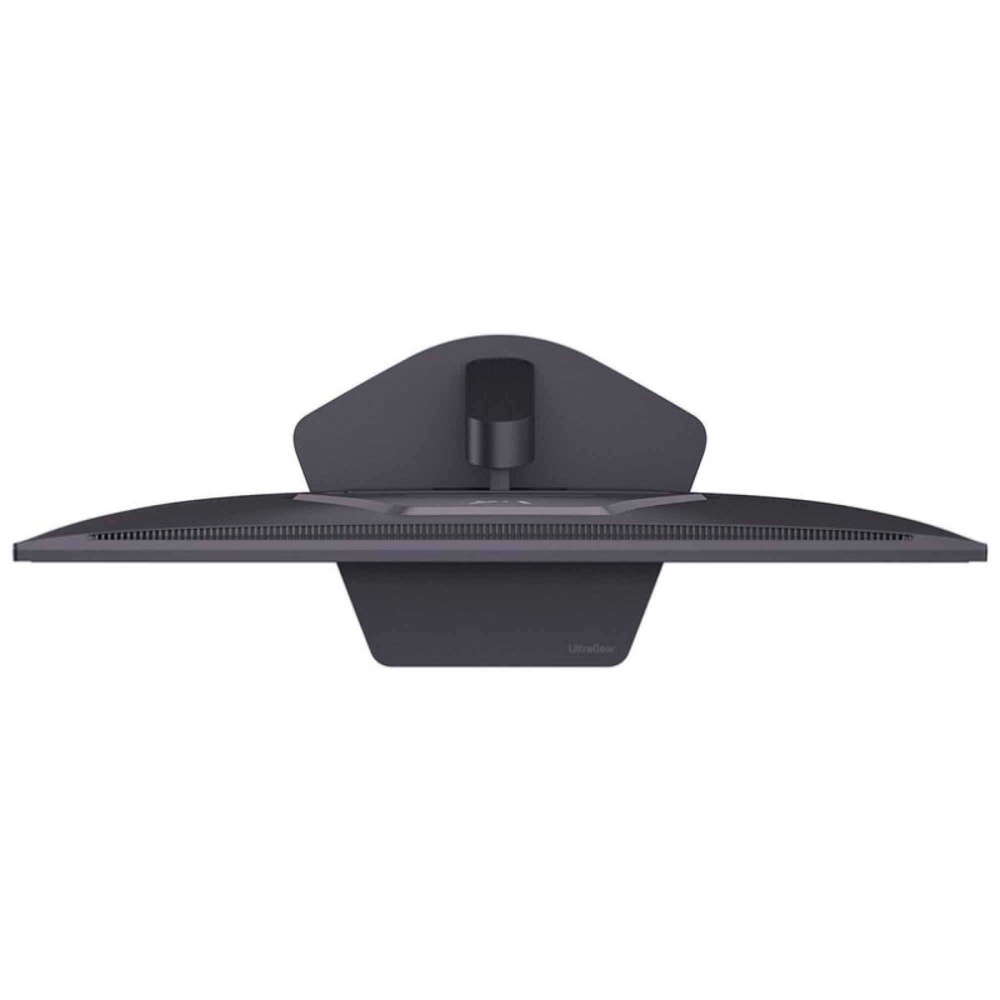 Widok z tyłu nowoczesnego czarnego monitora na białym tle, pokazujący ergonomiczny stojak.