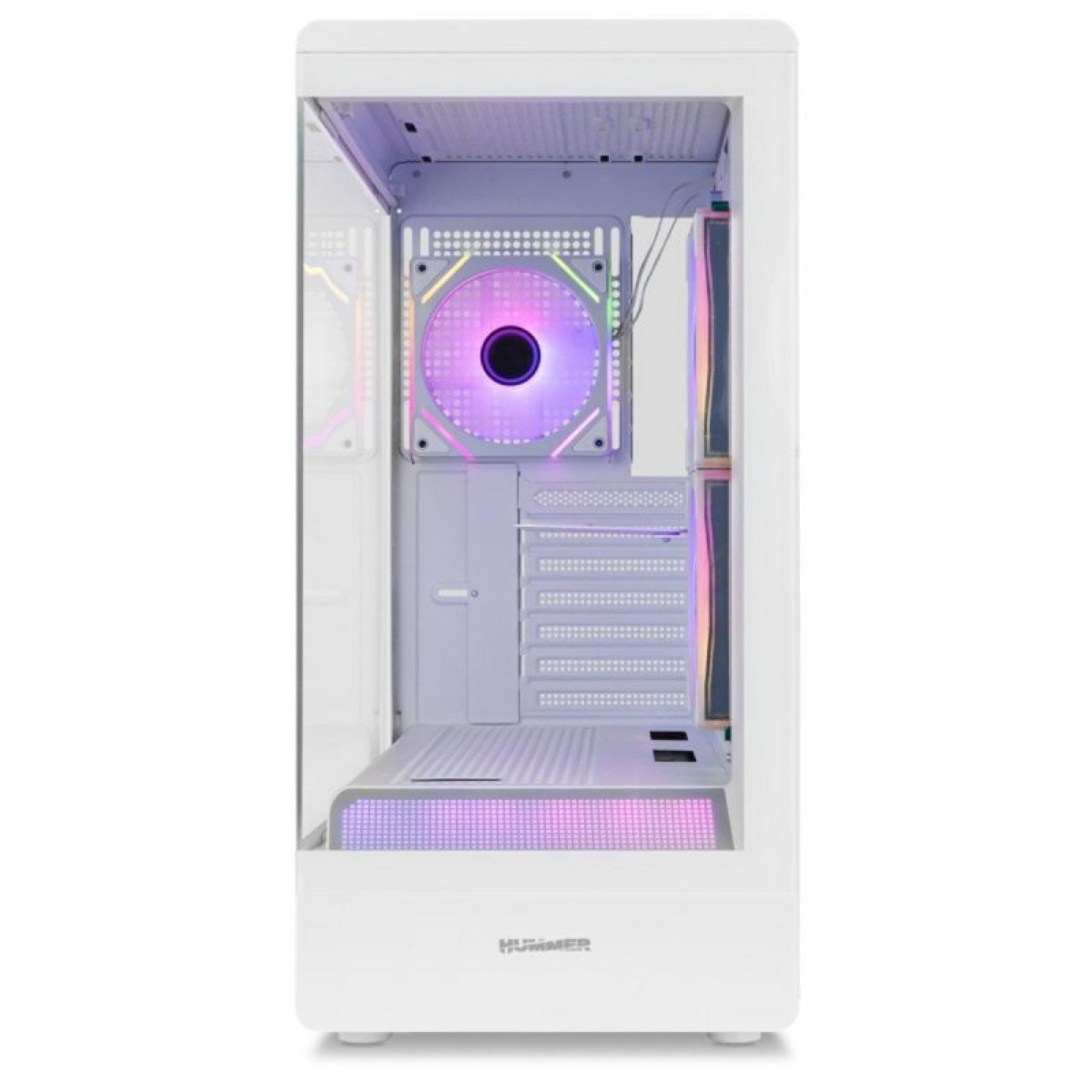 Caja de PC blanca con frente de cristal, ventiladores RGB internos y base iluminada.