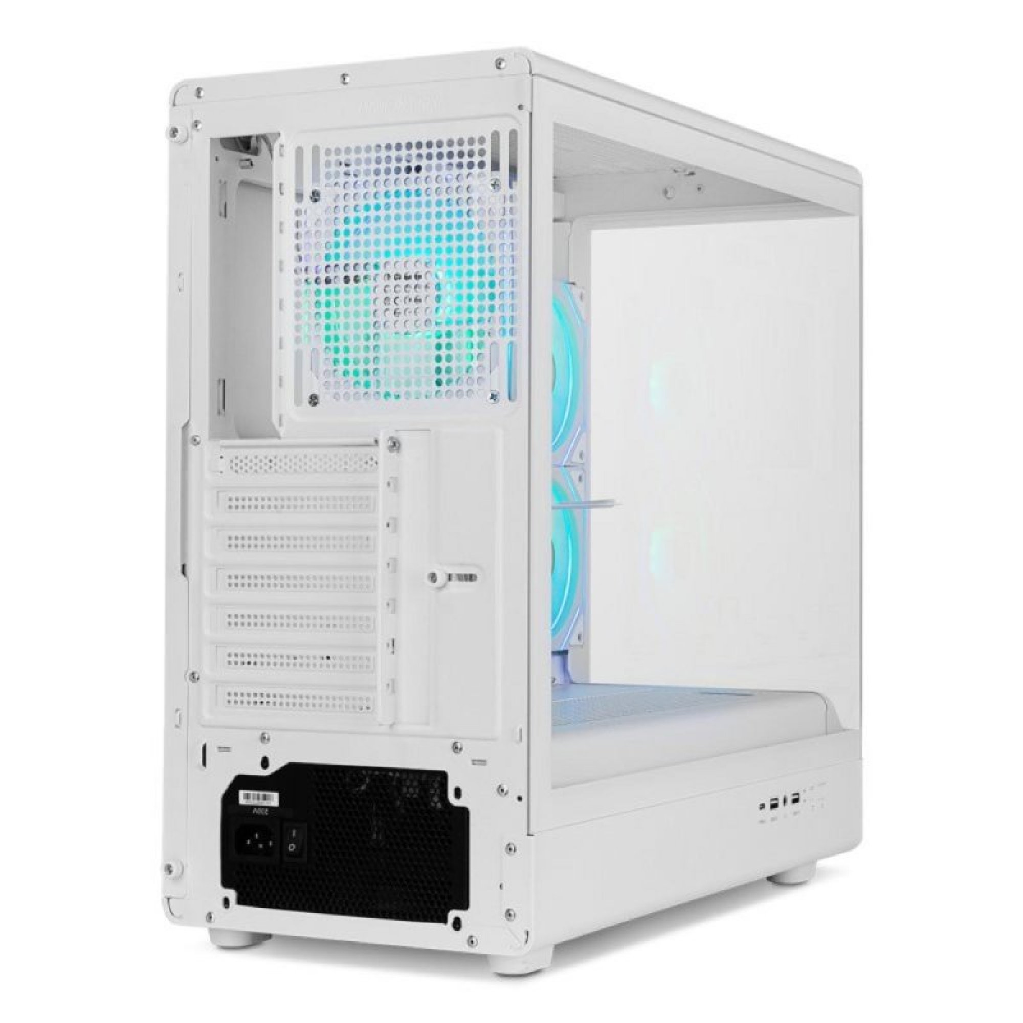 Gabinete de PC blanco con panel lateral de vidrio y ventiladores azules iluminados atrás.