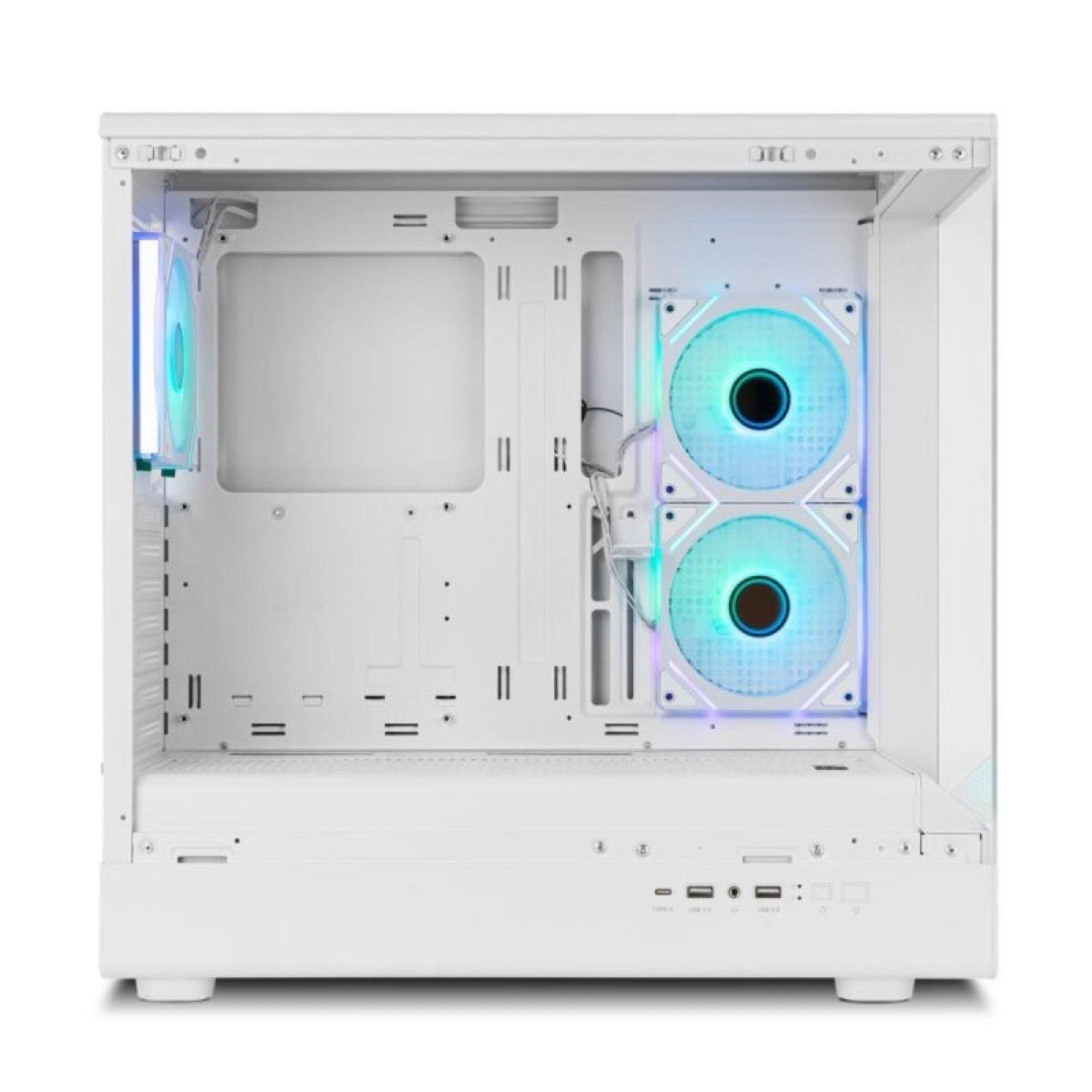Un gabinete de PC blanco y vacío con tres ventiladores iluminados en azul y verde.