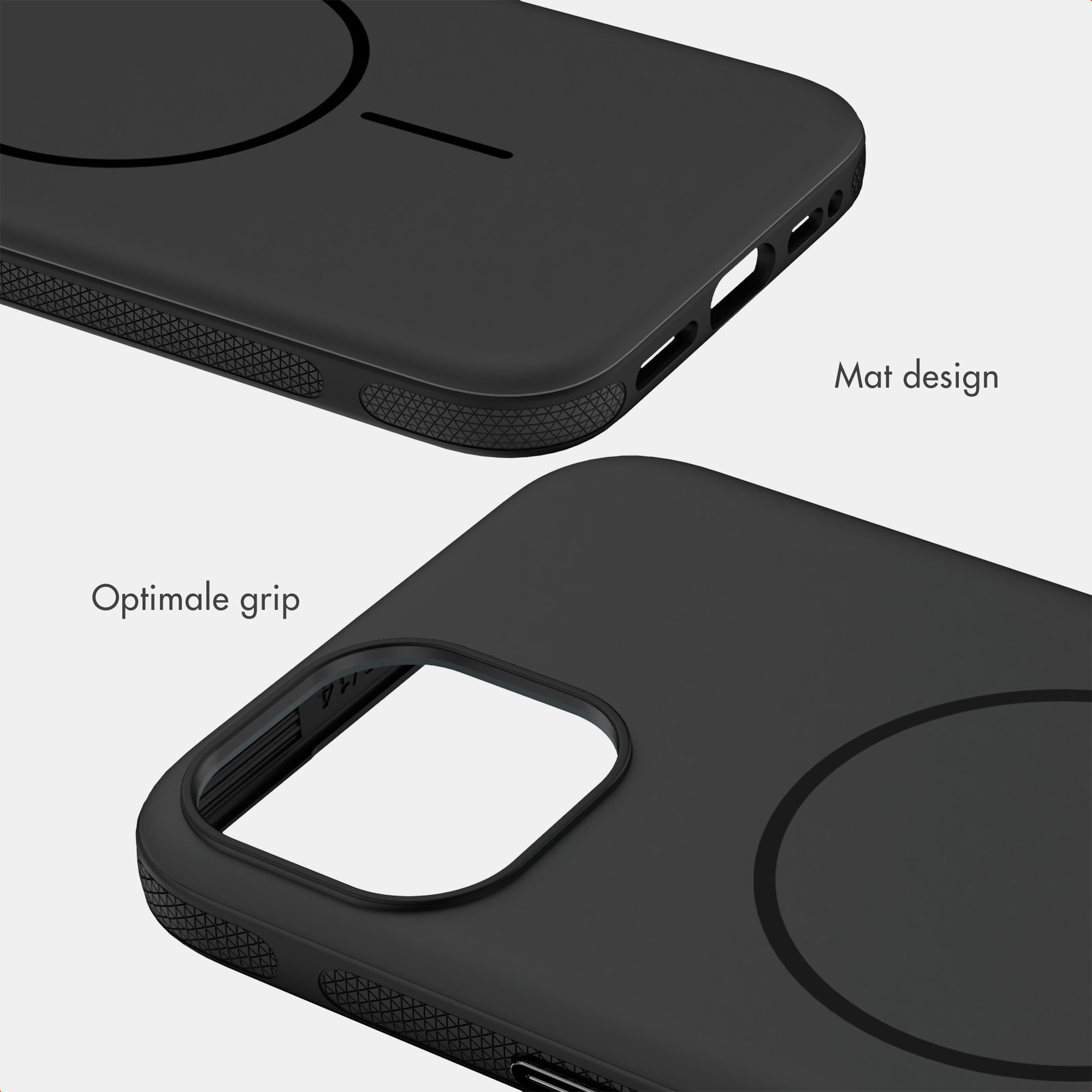 Zwei Ansichten einer schwarzen Smartphone-Hülle mit mattem Design und strukturiertem Seitengriff, beschriftet.