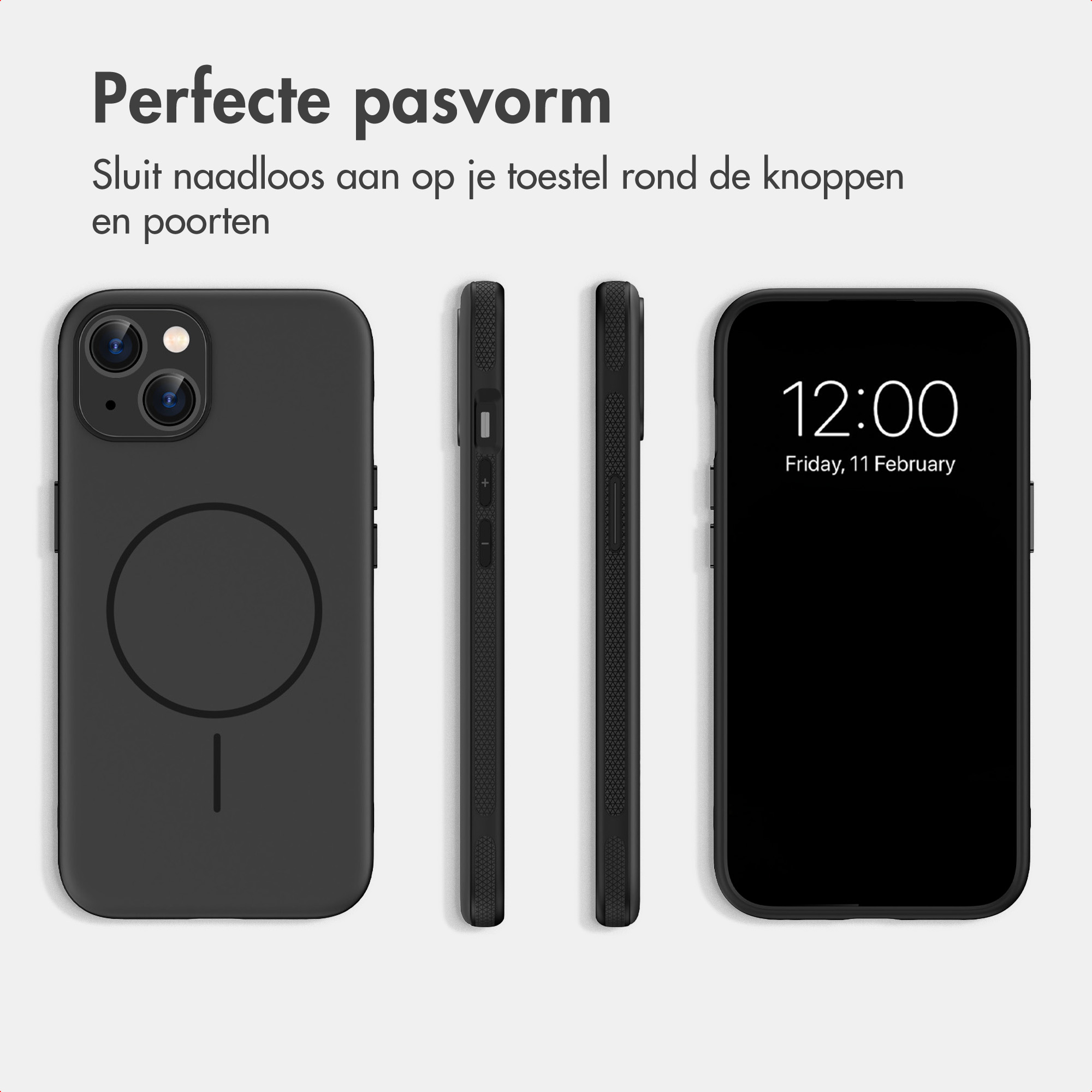 Schwarze Handyhülle aus vier Perspektiven mit MagSafe-Kreis und niederländischem Text.