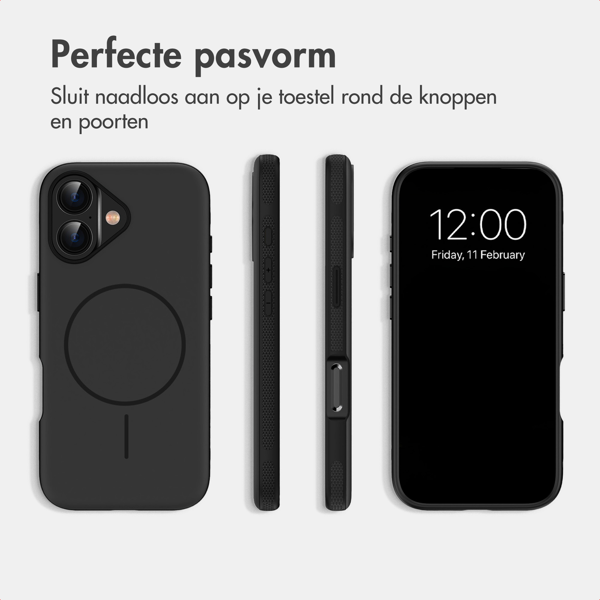 Schwarze Handyhülle von verschiedenen Seiten mit Text und einem Smartphone.