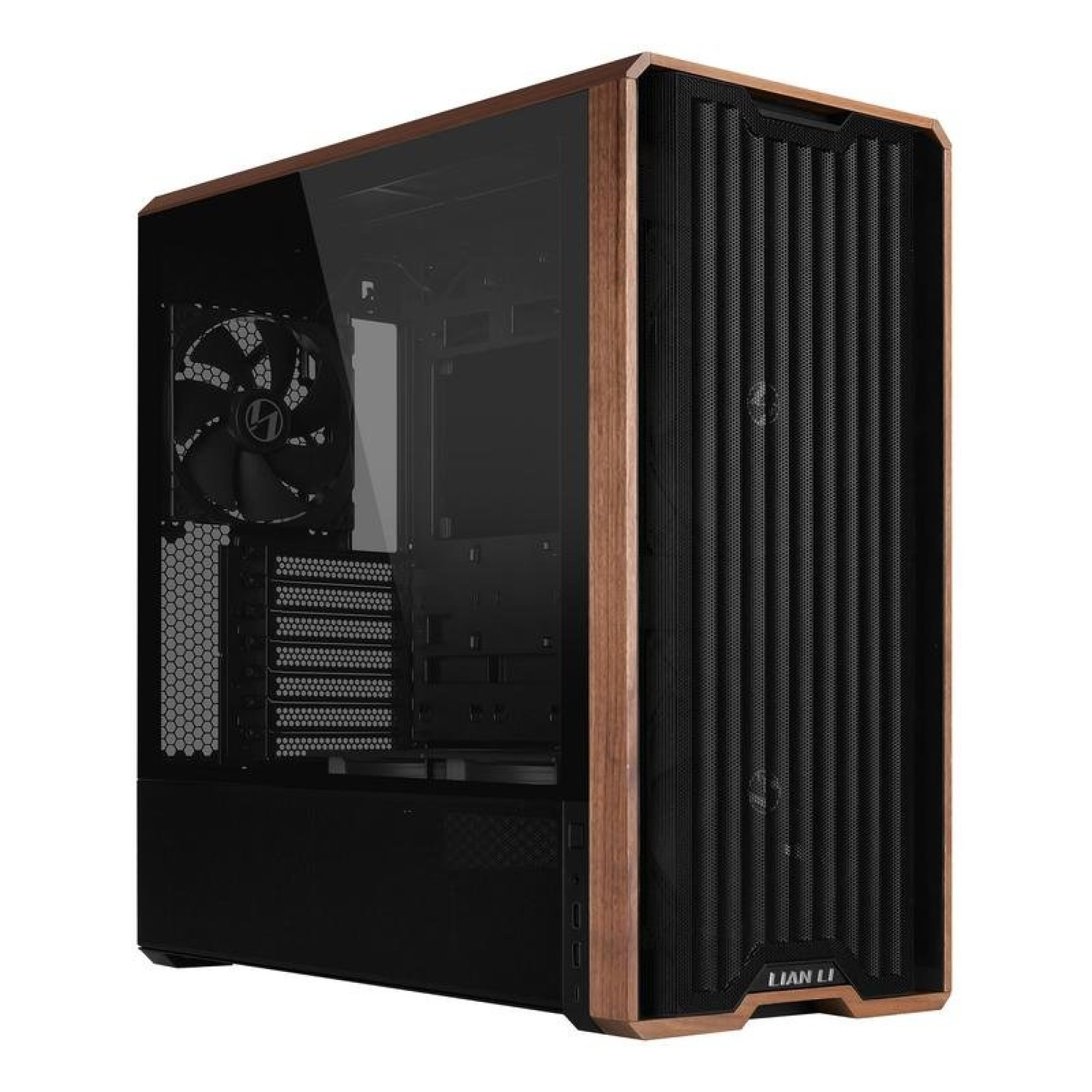 Case per PC nero con finiture in legno, pannello laterale in vetro e frontale in rete con logo Lian Li.