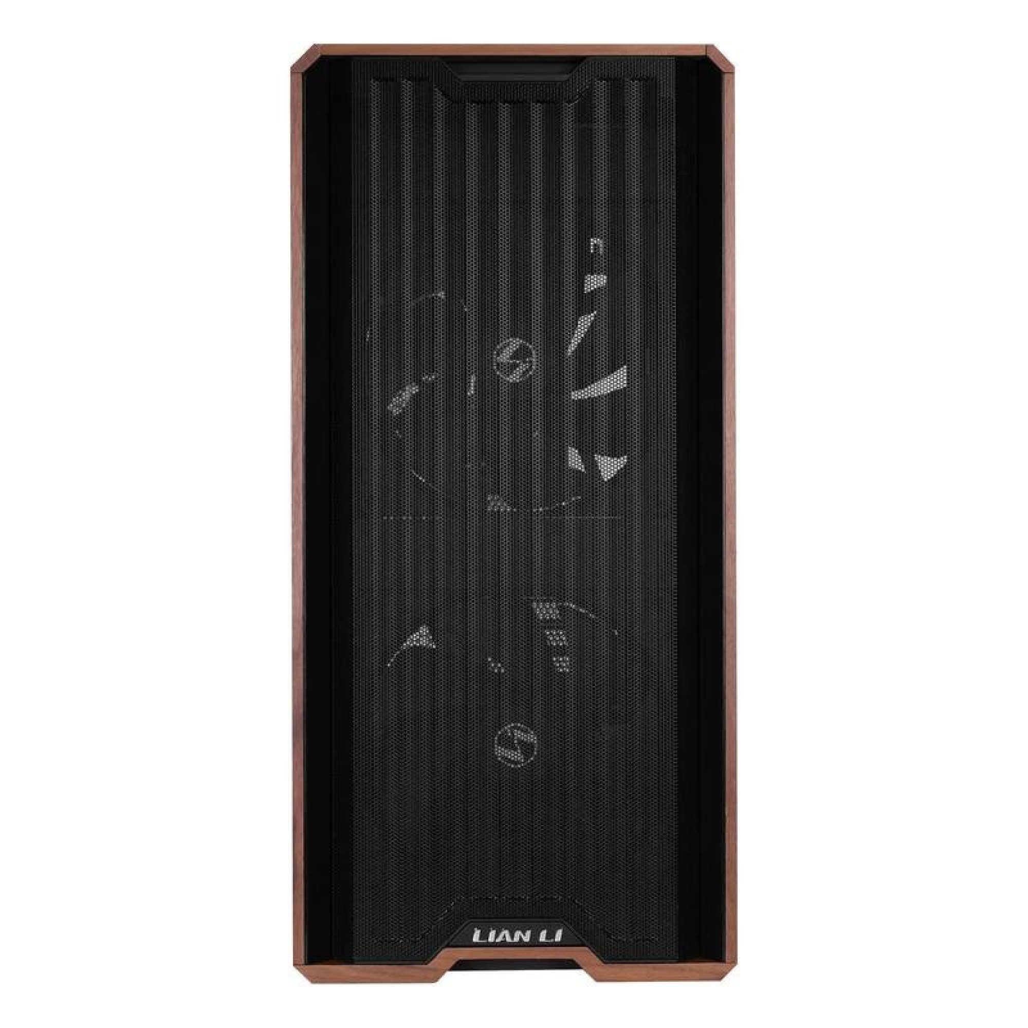 Un case per PC Lian Li con cornice in legno, griglia frontale in metallo nero e ventole interne visibili.