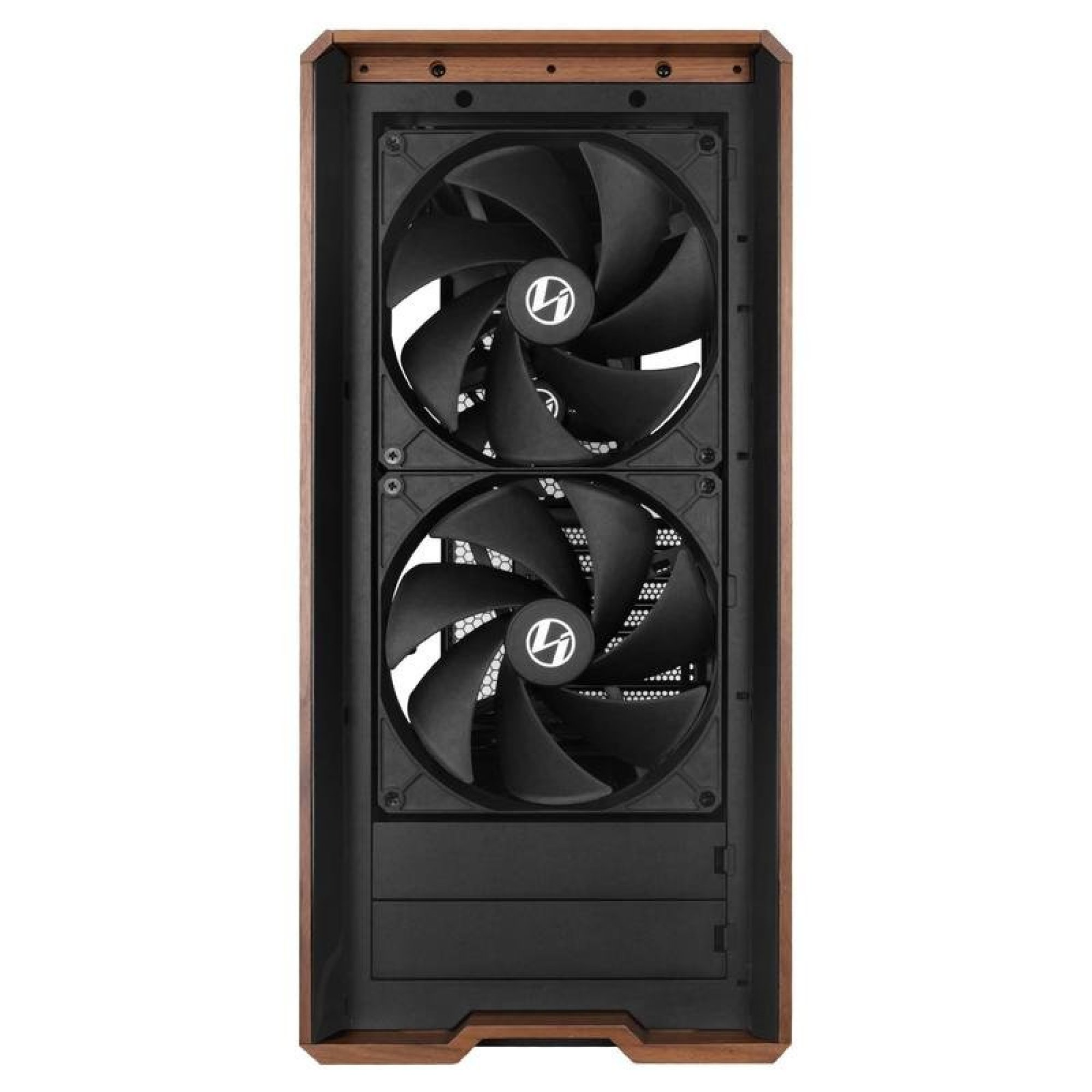 Vista frontale di un case per computer con due grandi ventole nere in alto e dettagli in legno sui lati.