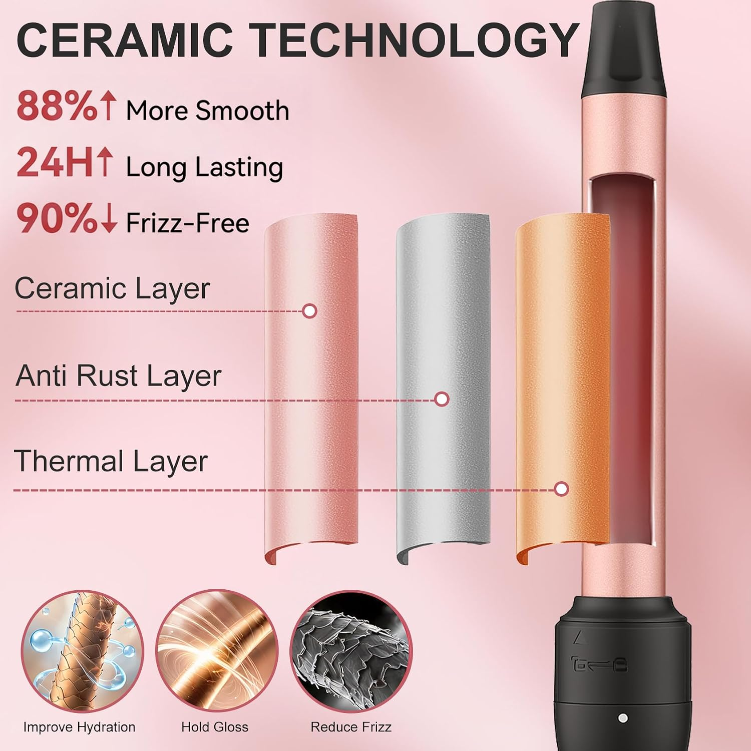 Ein Werbebild zeigt die Keramiktechnologie eines Haarglätters mit verschiedenen Materialschichten auf rosa Hintergrund.